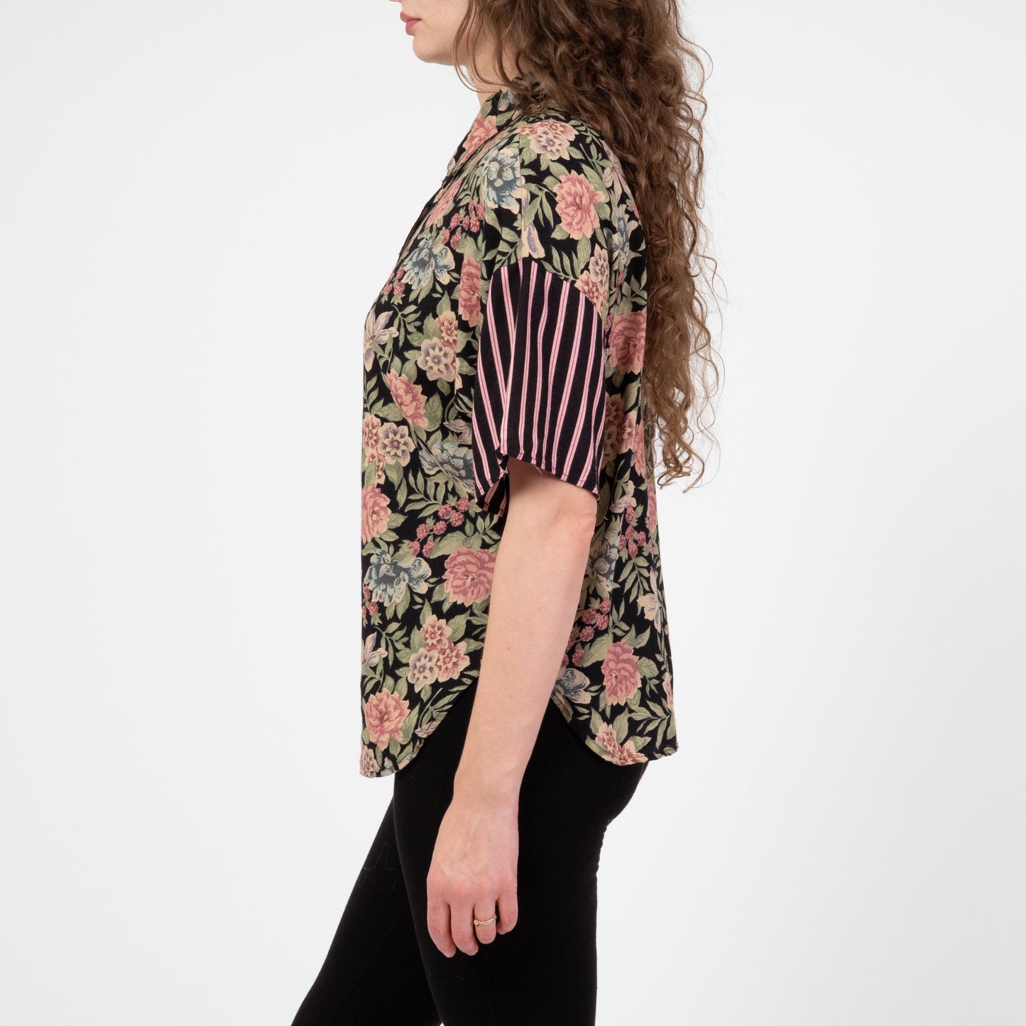 Vintage 90s Floral & Striped Print Button Up Shirt - Medium | Oversize Short Sleeve Grunge Top