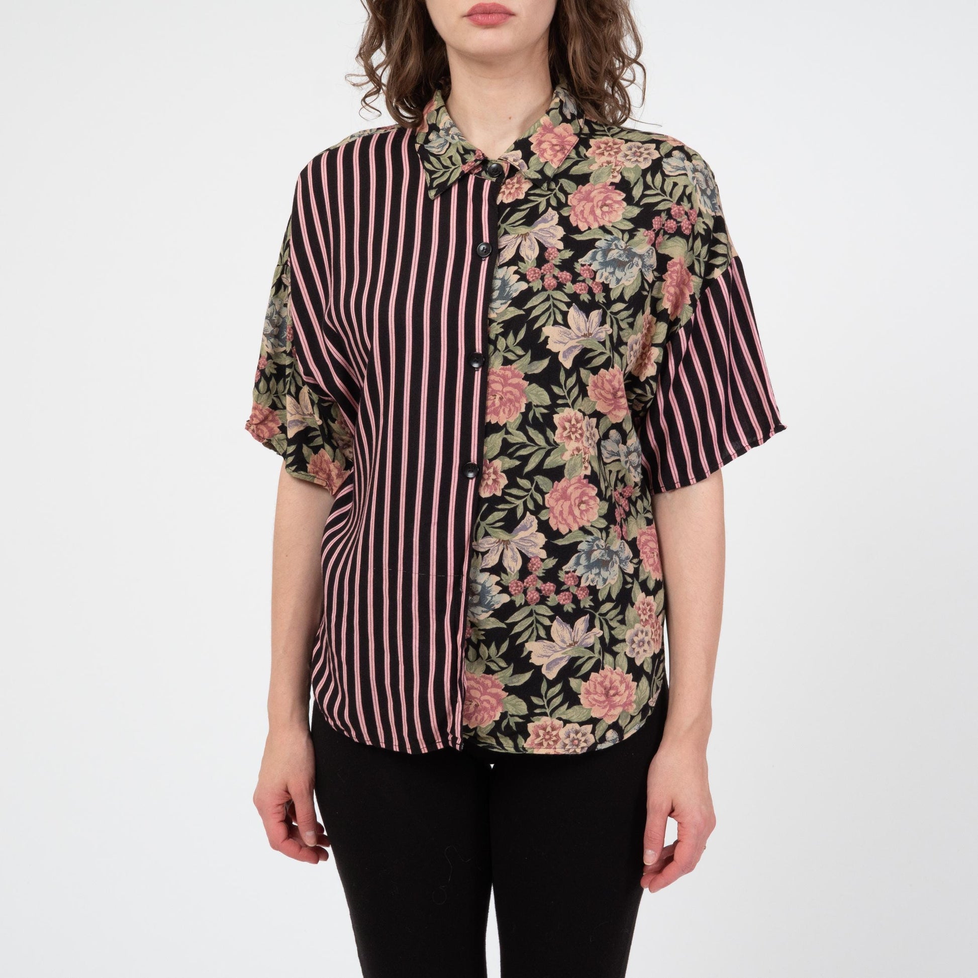 Vintage 90s Floral & Striped Print Button Up Shirt - Medium | Oversize Short Sleeve Grunge Top