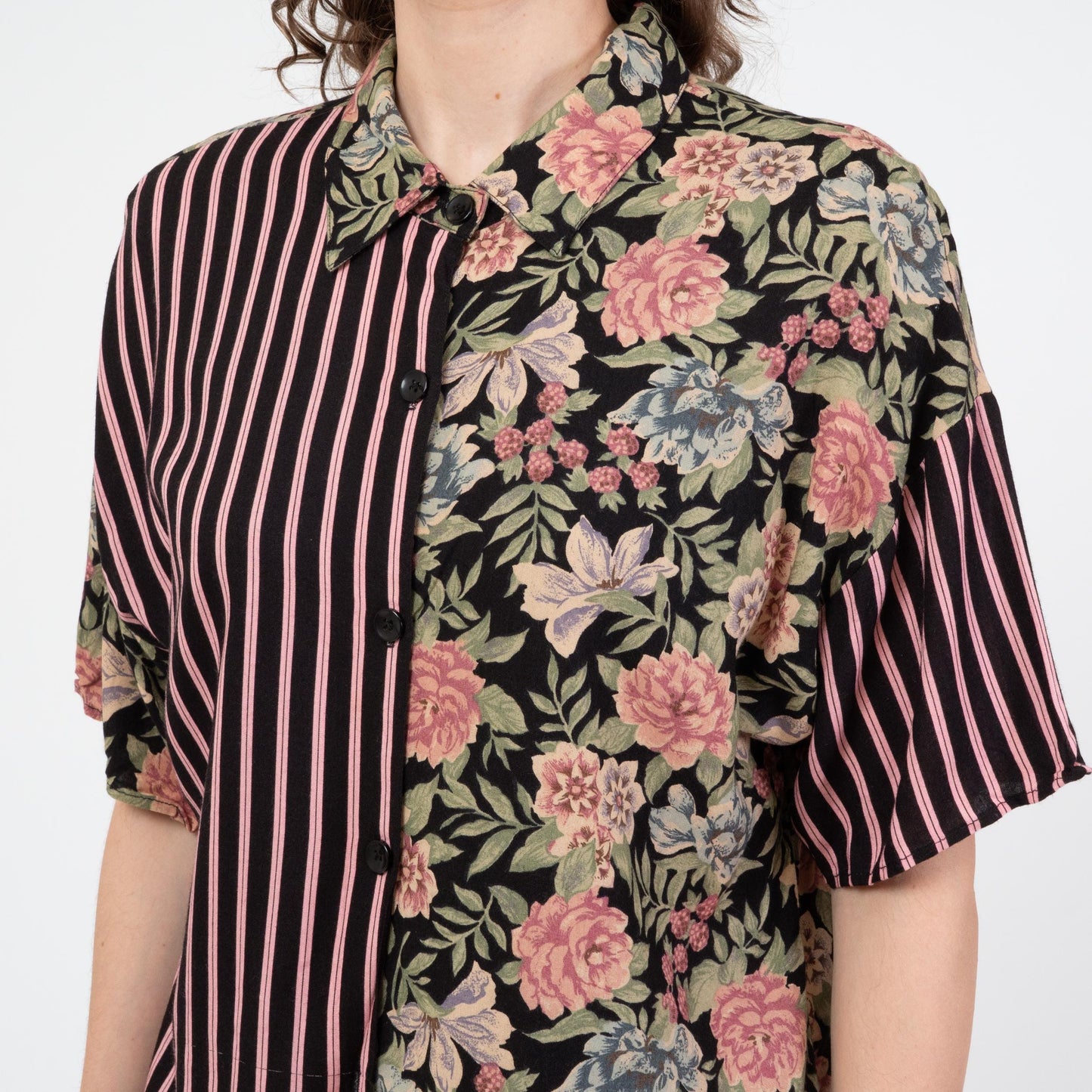 Vintage 90s Floral & Striped Print Button Up Shirt - Medium | Oversize Short Sleeve Grunge Top