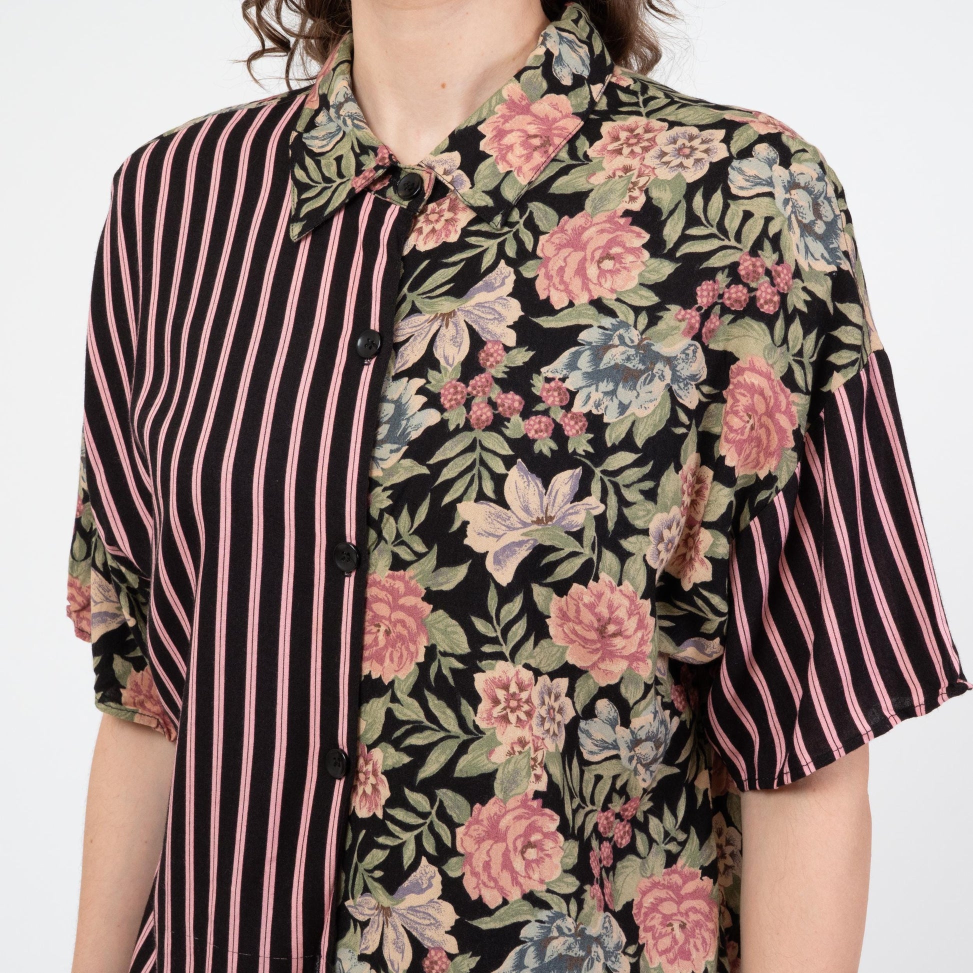 Vintage 90s Floral & Striped Print Button Up Shirt - Medium | Oversize Short Sleeve Grunge Top