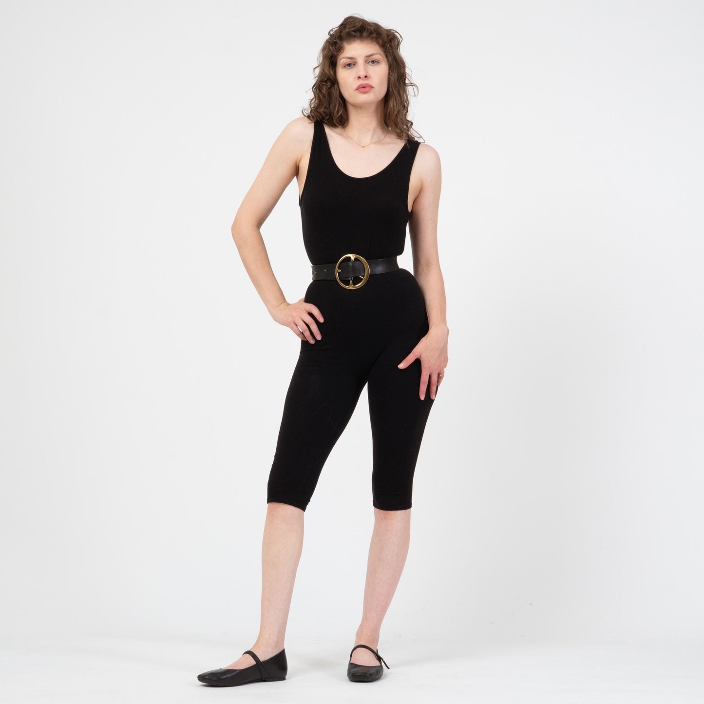 Vintage 90s Black Low Back Unitard - Small to Medium | Capri Length Sporty Stretch Scoop Neck Leotard Catsuit