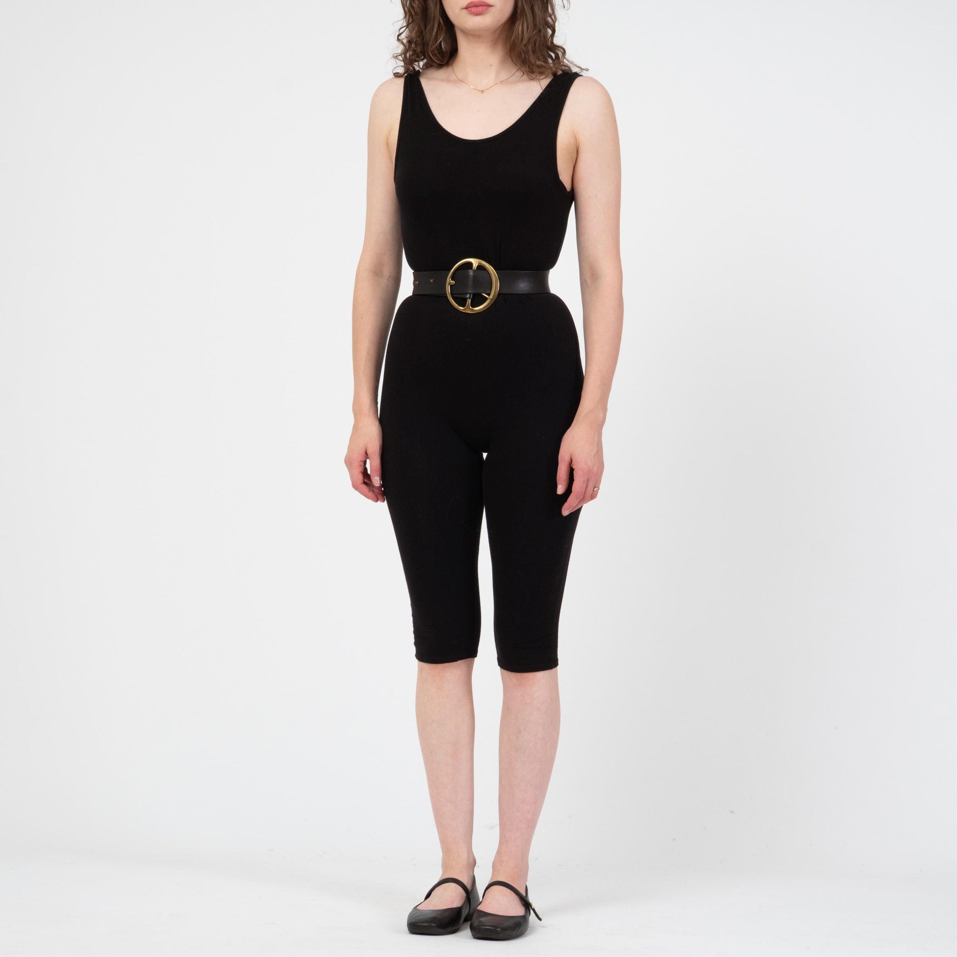Vintage 90s Black Low Back Unitard - Small to Medium | Capri Length Sporty Stretch Scoop Neck Leotard Catsuit