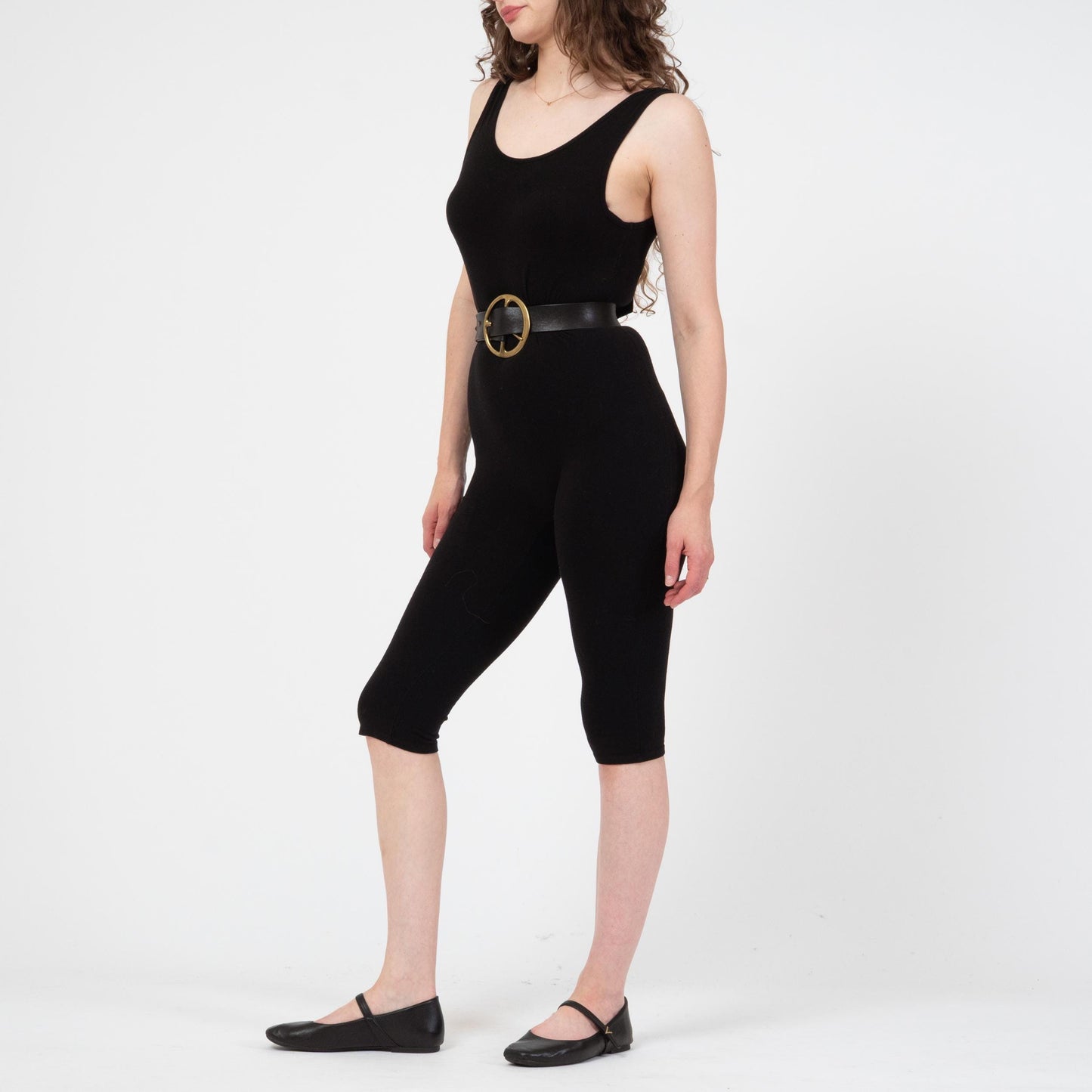 Vintage 90s Black Low Back Unitard - Small to Medium | Capri Length Sporty Stretch Scoop Neck Leotard Catsuit
