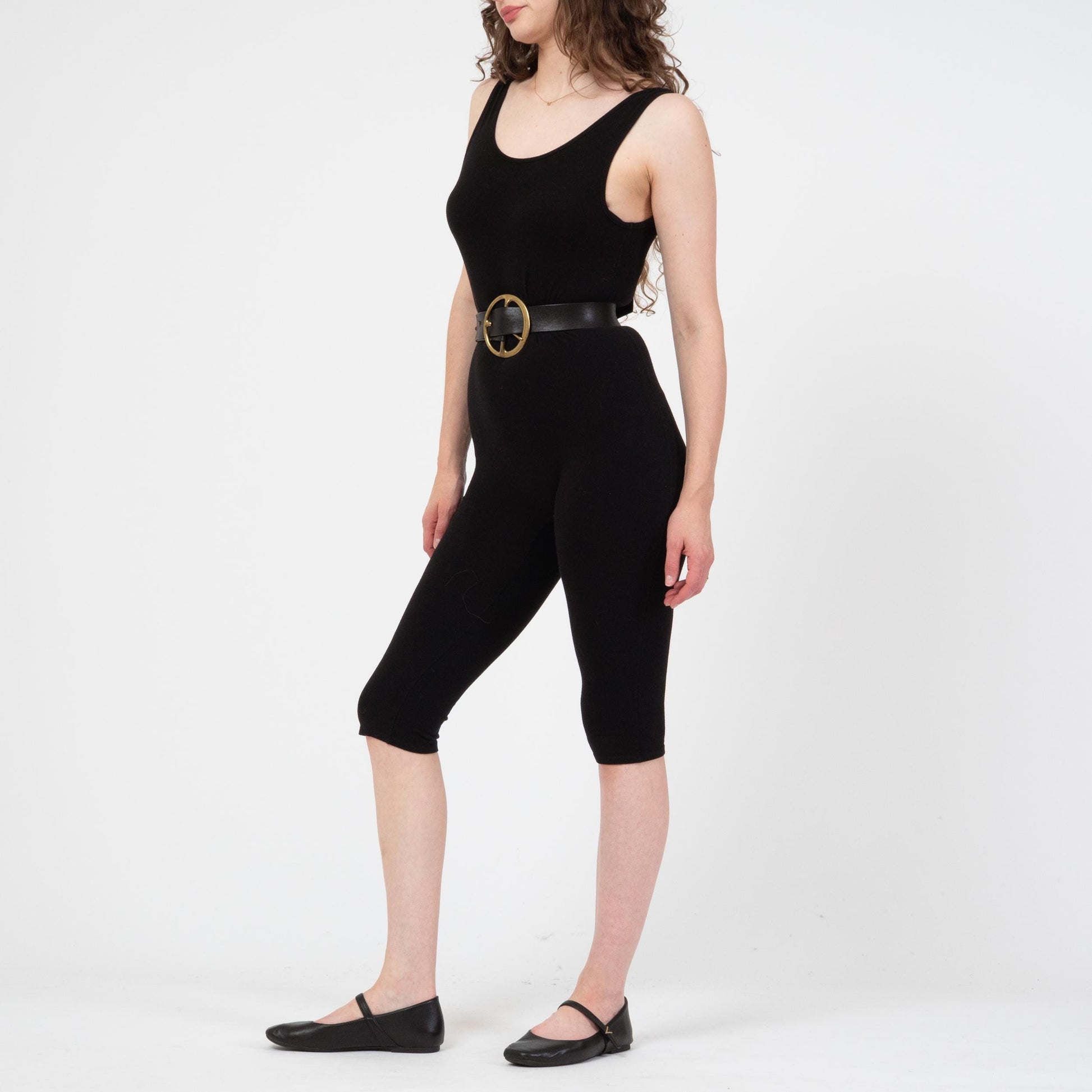 Vintage 90s Black Low Back Unitard - Small to Medium | Capri Length Sporty Stretch Scoop Neck Leotard Catsuit
