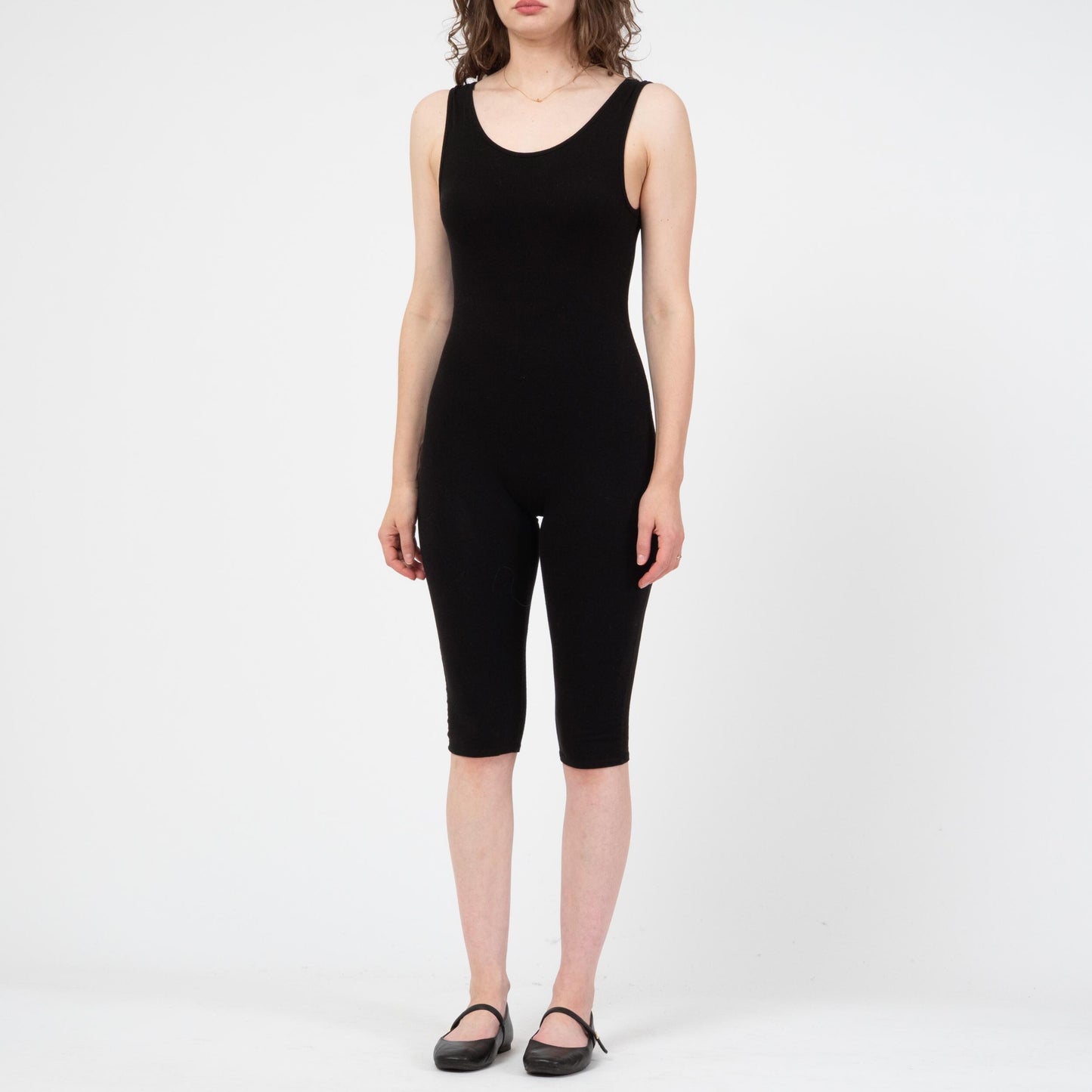 Vintage 90s Black Low Back Unitard - Small to Medium | Capri Length Sporty Stretch Scoop Neck Leotard Catsuit