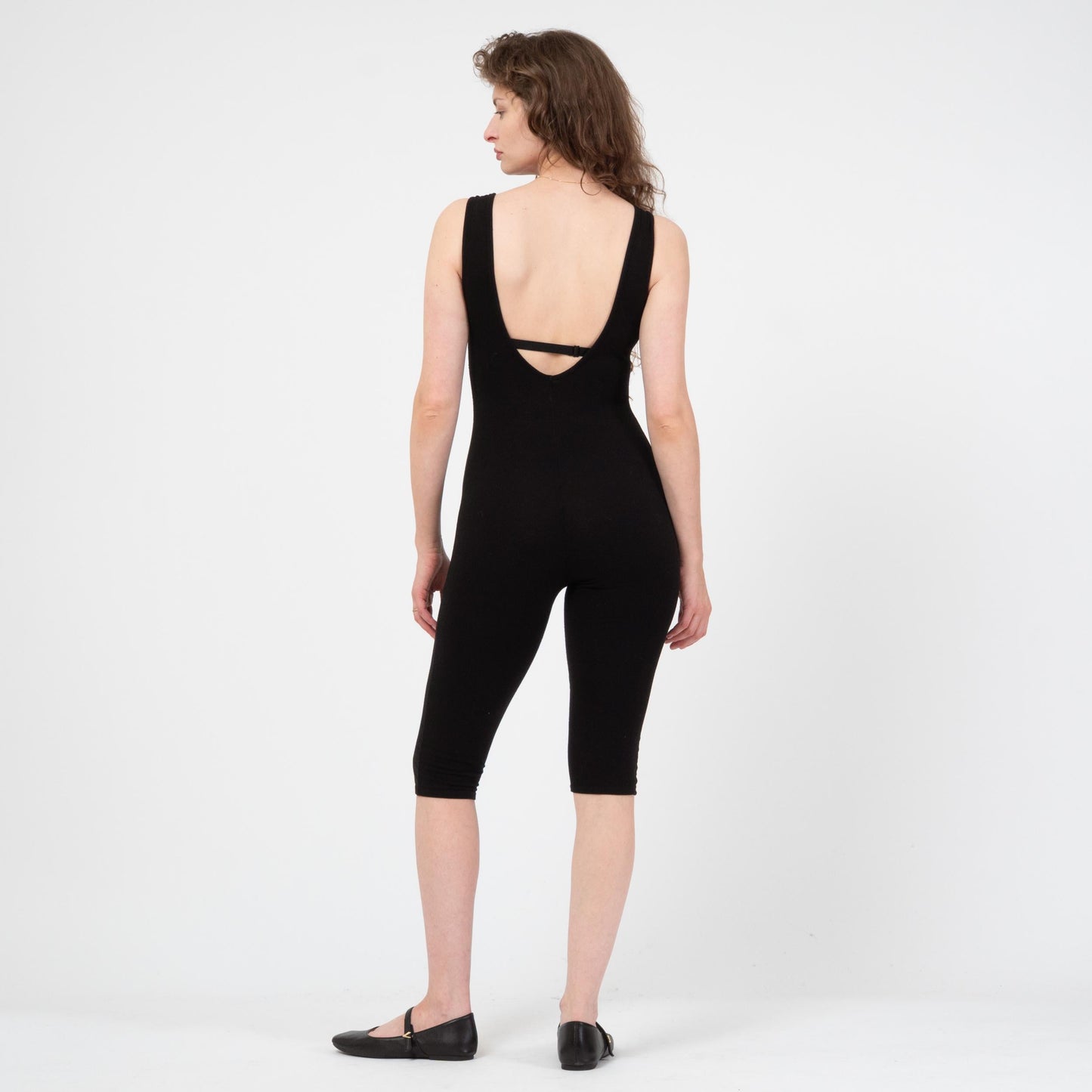 Vintage 90s Black Low Back Unitard - Small to Medium | Capri Length Sporty Stretch Scoop Neck Leotard Catsuit