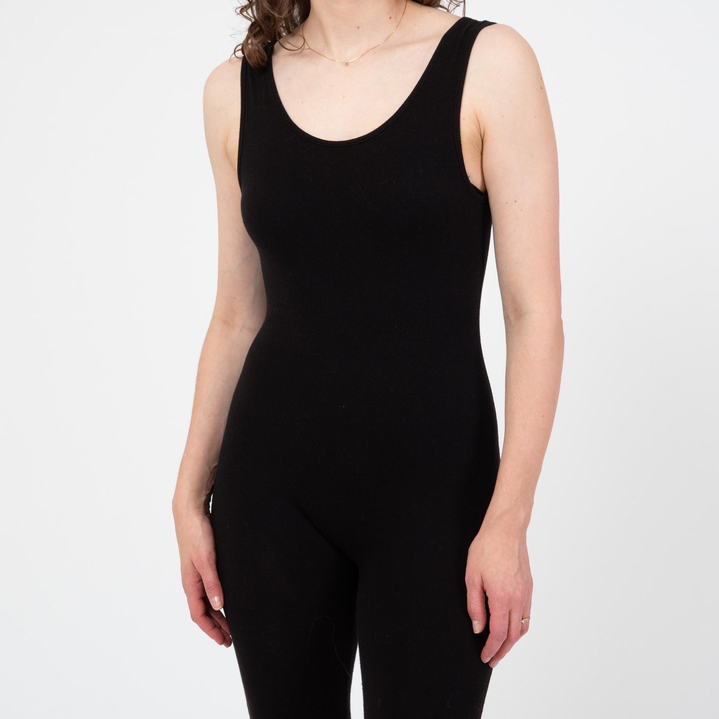 Vintage 90s Black Low Back Unitard - Small to Medium | Capri Length Sporty Stretch Scoop Neck Leotard Catsuit