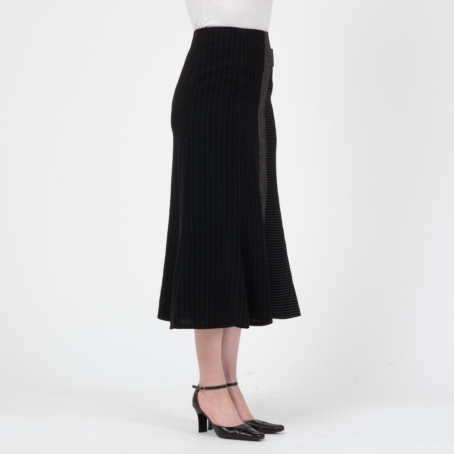 Vintage 90s Black & White Midi Trumpet Skirt - Small | Boho A Line Dash Print Long Skirt