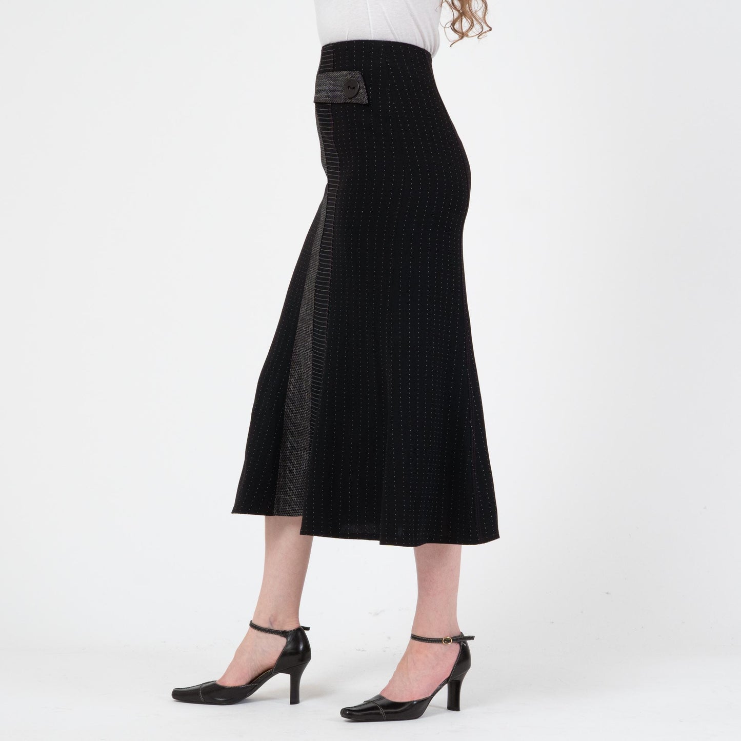 Vintage 90s Black & White Midi Trumpet Skirt - Small | Boho A Line Dash Print Long Skirt