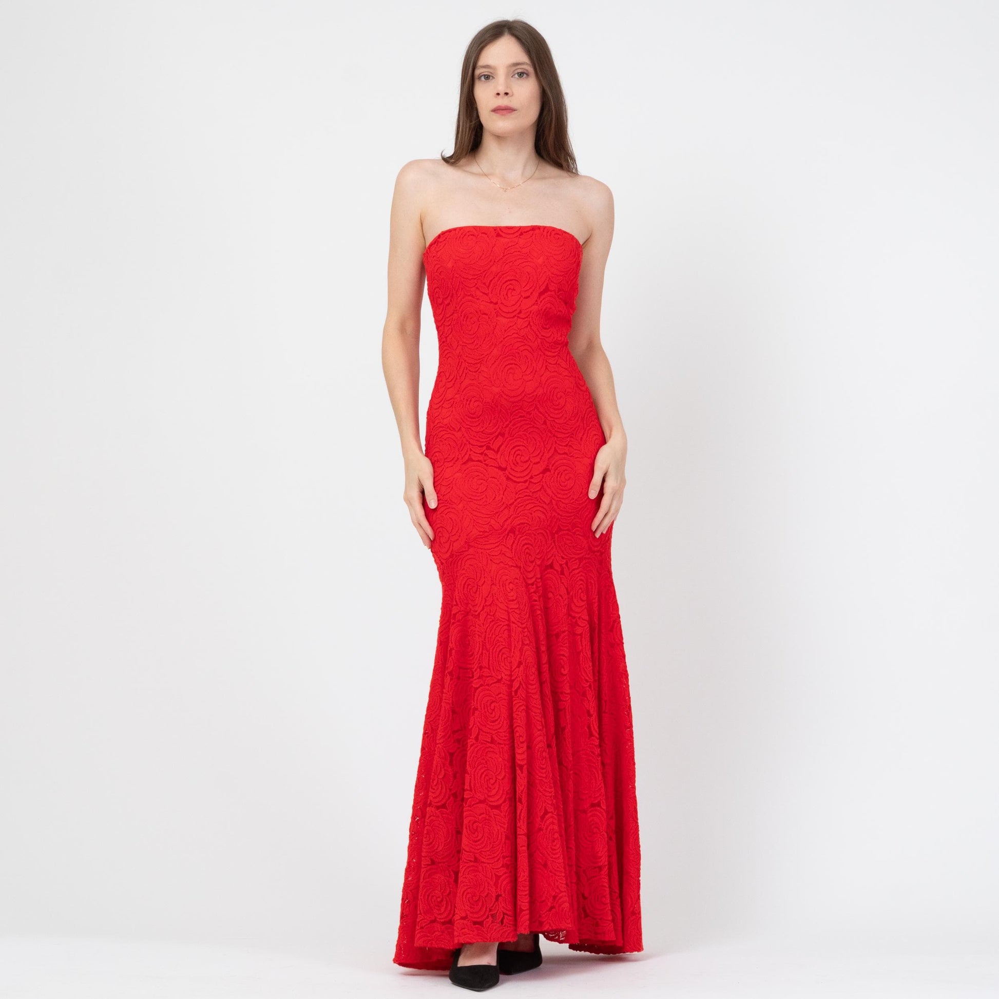 Vintage Y2K Cache Red Lace Strapless Mermaid Gown - Small | Sexy Formal Prom Party Dress