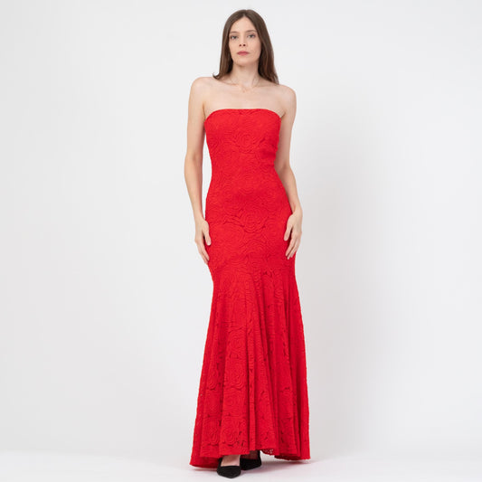 Vintage Y2K Cache Red Lace Strapless Mermaid Gown - Small | Sexy Formal Prom Party Dress