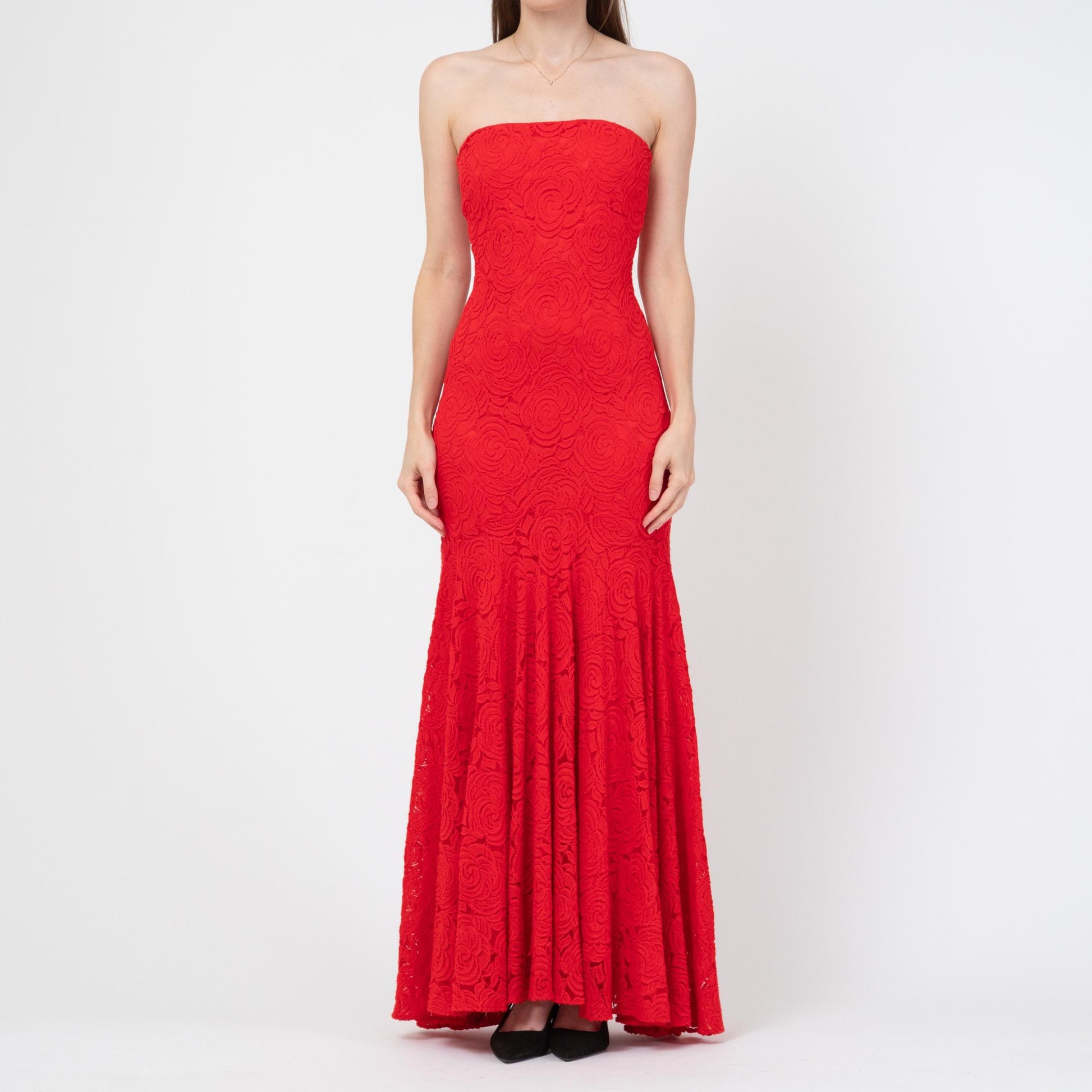 Vintage Y2K Cache Red Lace Strapless Mermaid Gown - Small | Sexy Formal Prom Party Dress