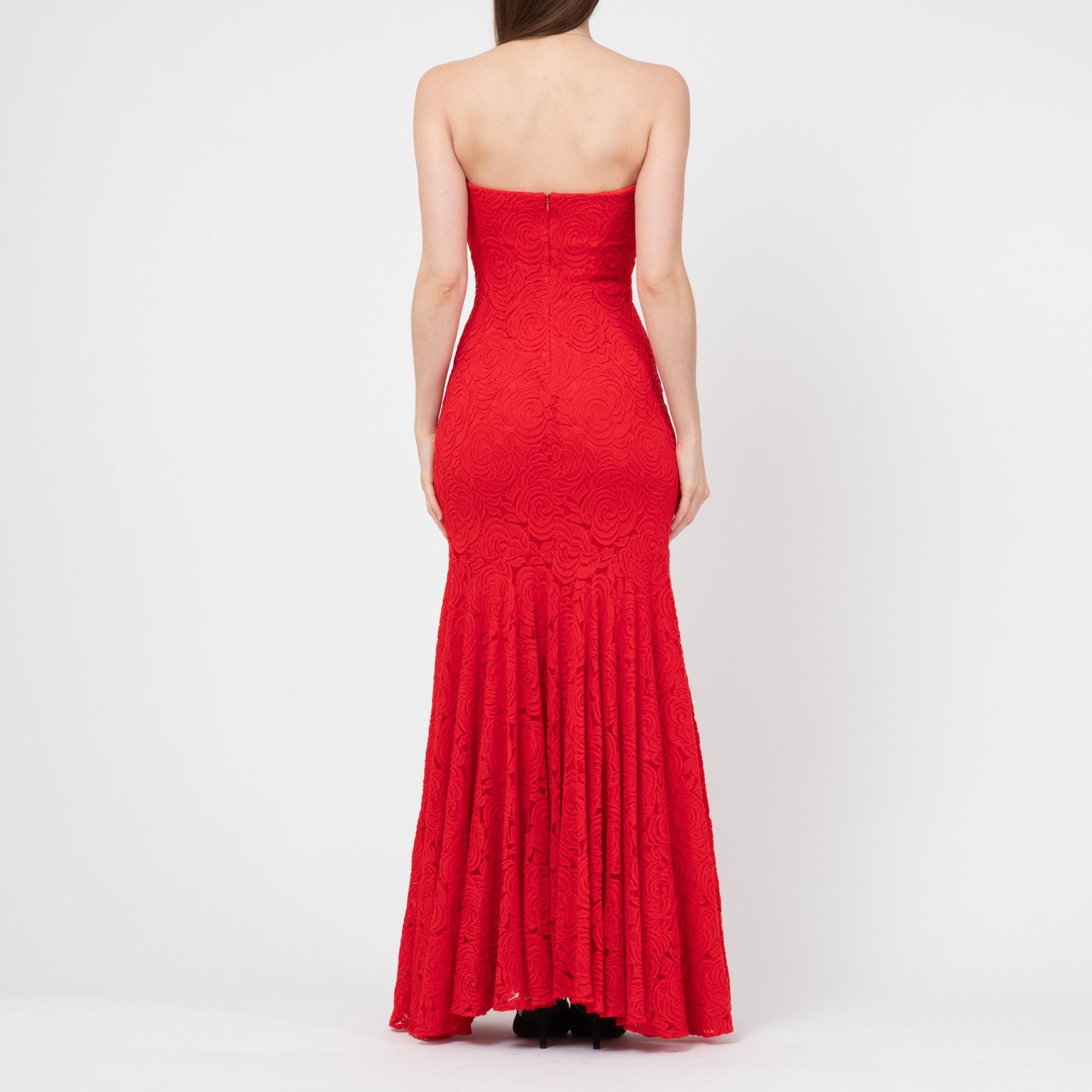 Vintage Y2K Cache Red Lace Strapless Mermaid Gown - Small | Sexy Formal Prom Party Dress