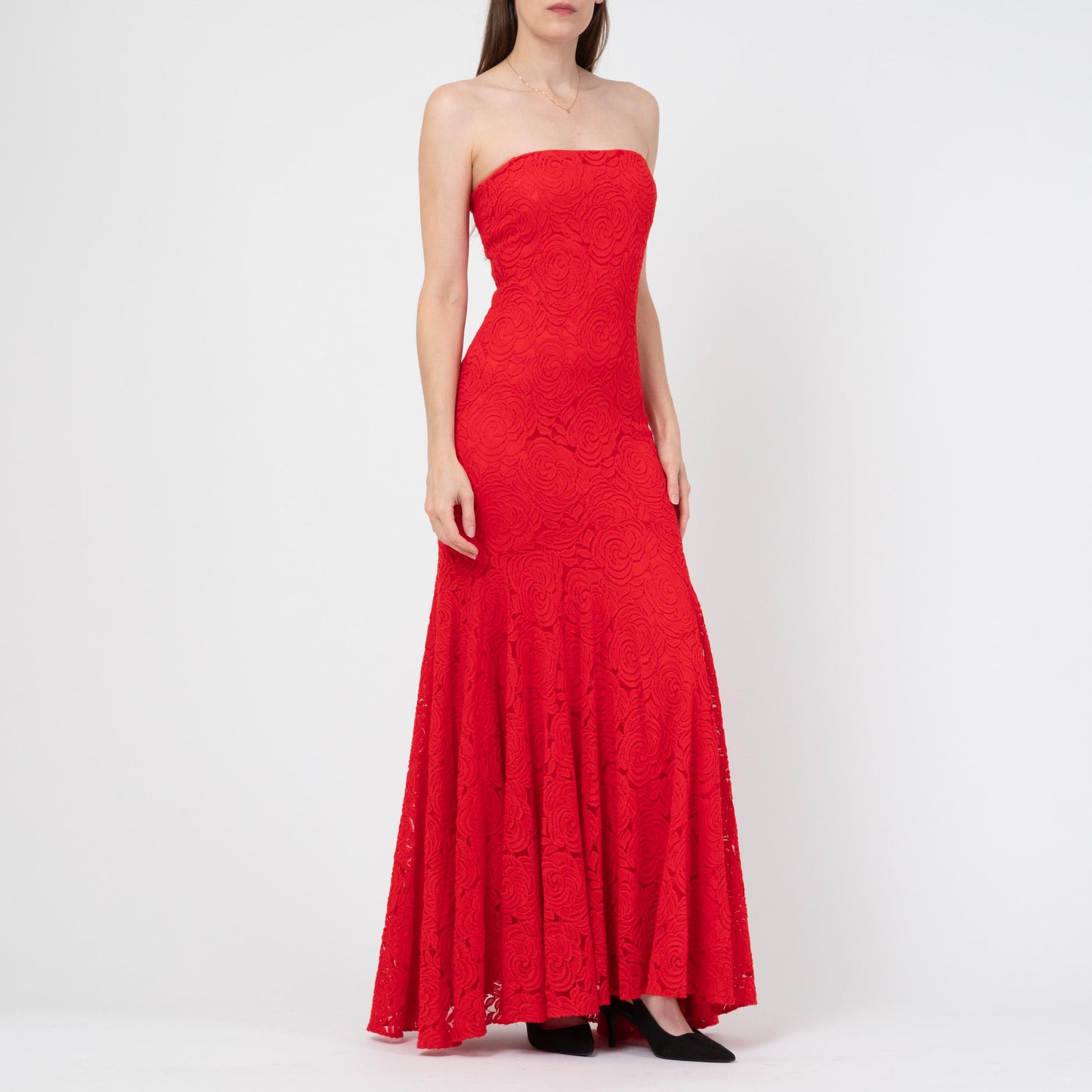 Vintage Y2K Cache Red Lace Strapless Mermaid Gown - Small | Sexy Formal Prom Party Dress