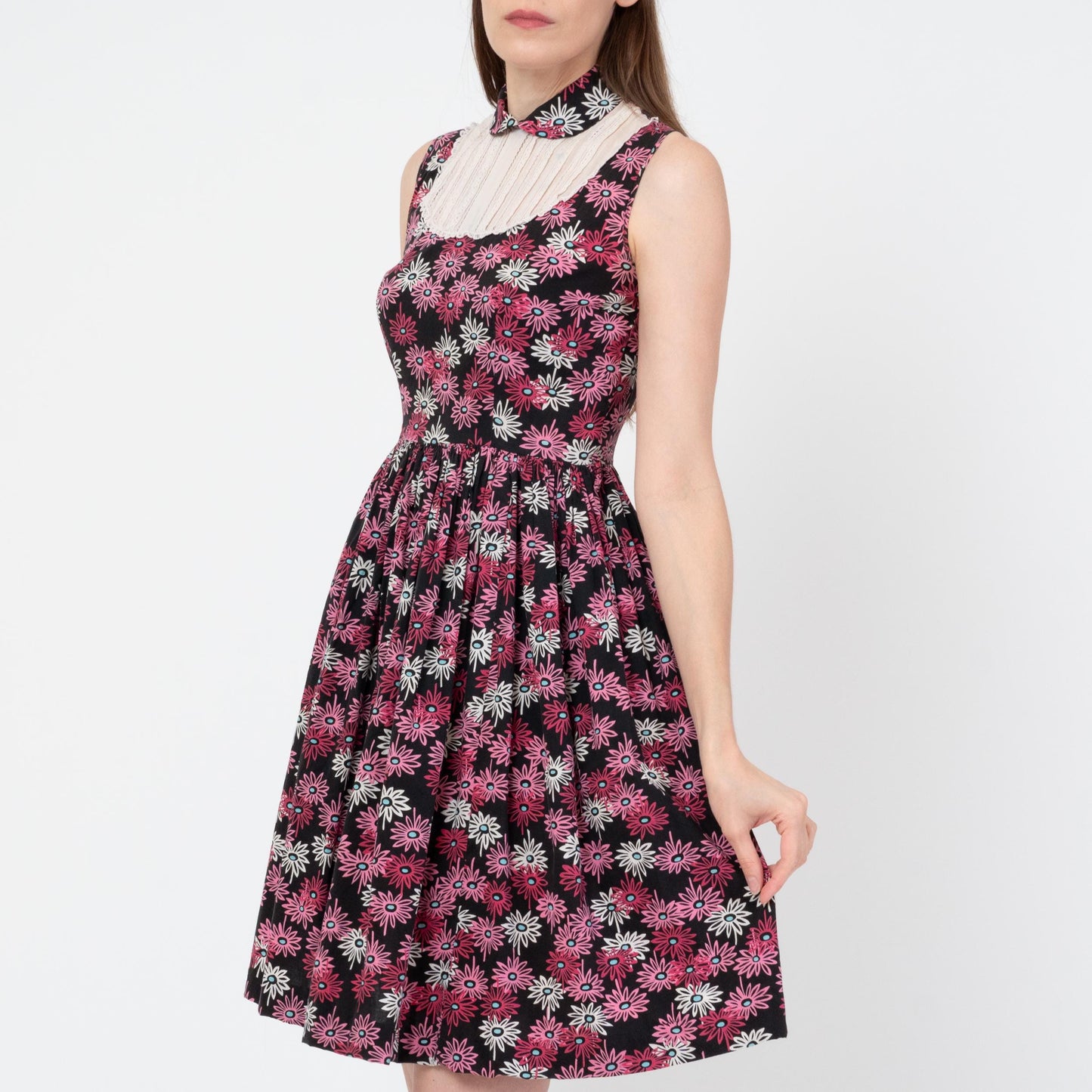 Vintage 50s Black & Pink Daisy Floral Day Dress - Extra Small | Retro Fit Flare Lace Bib Mini Dress