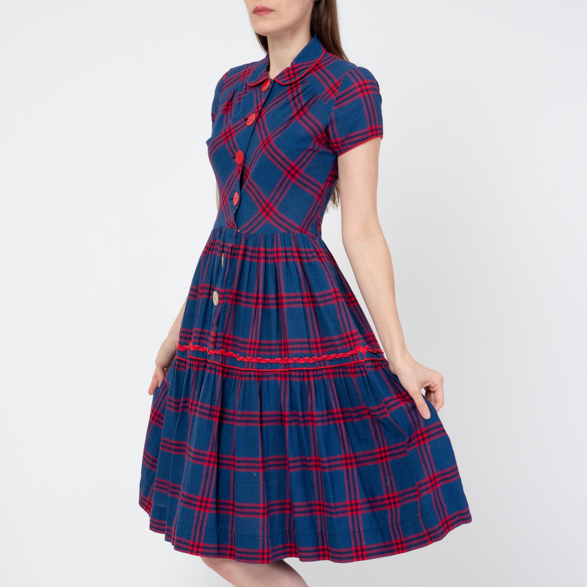 Vintage 40s 50s Blue & Red Plaid Shirtwaist Dress - Small | Retro Midi Fit Flare Day Dress