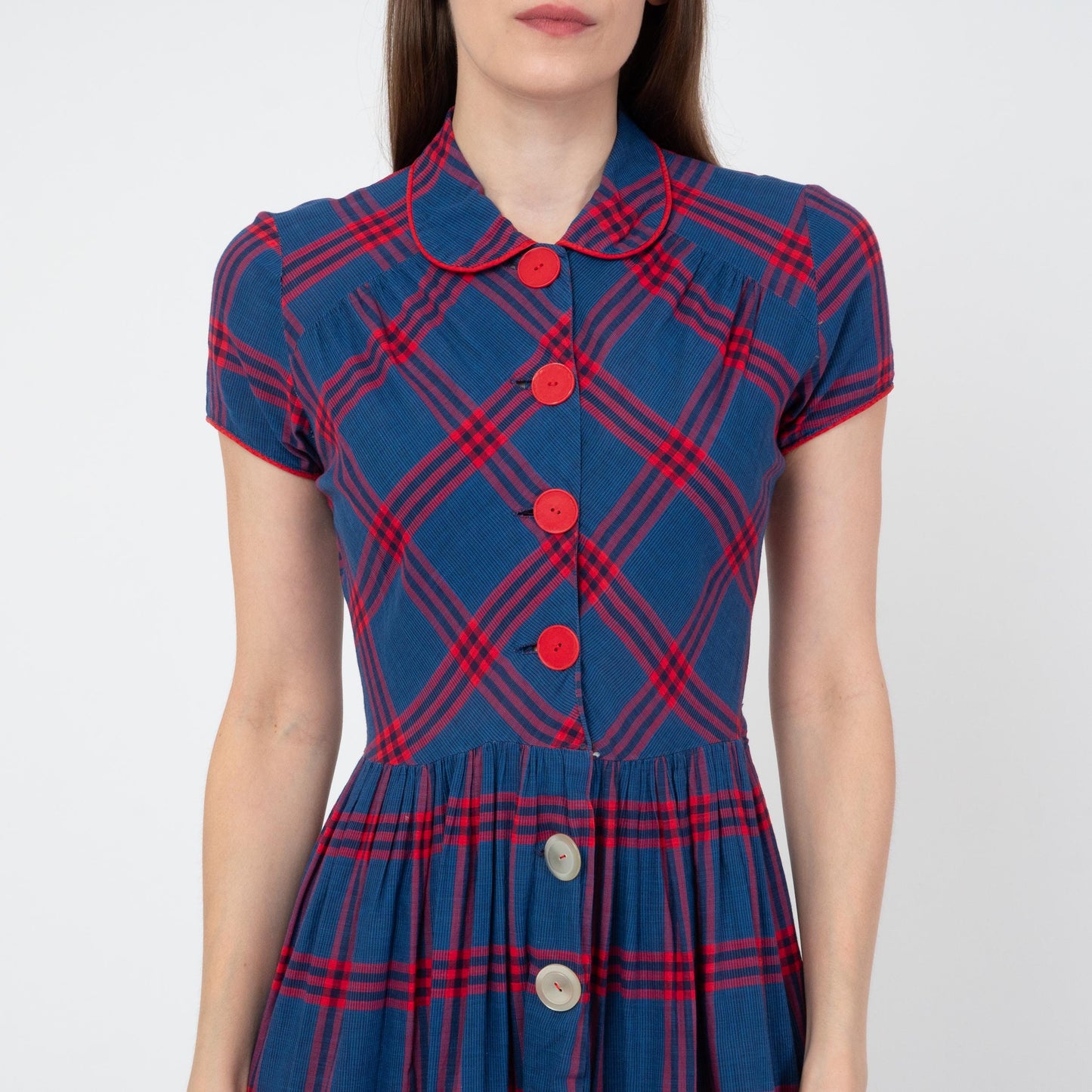 Vintage 40s 50s Blue & Red Plaid Shirtwaist Dress - Small | Retro Midi Fit Flare Day Dress