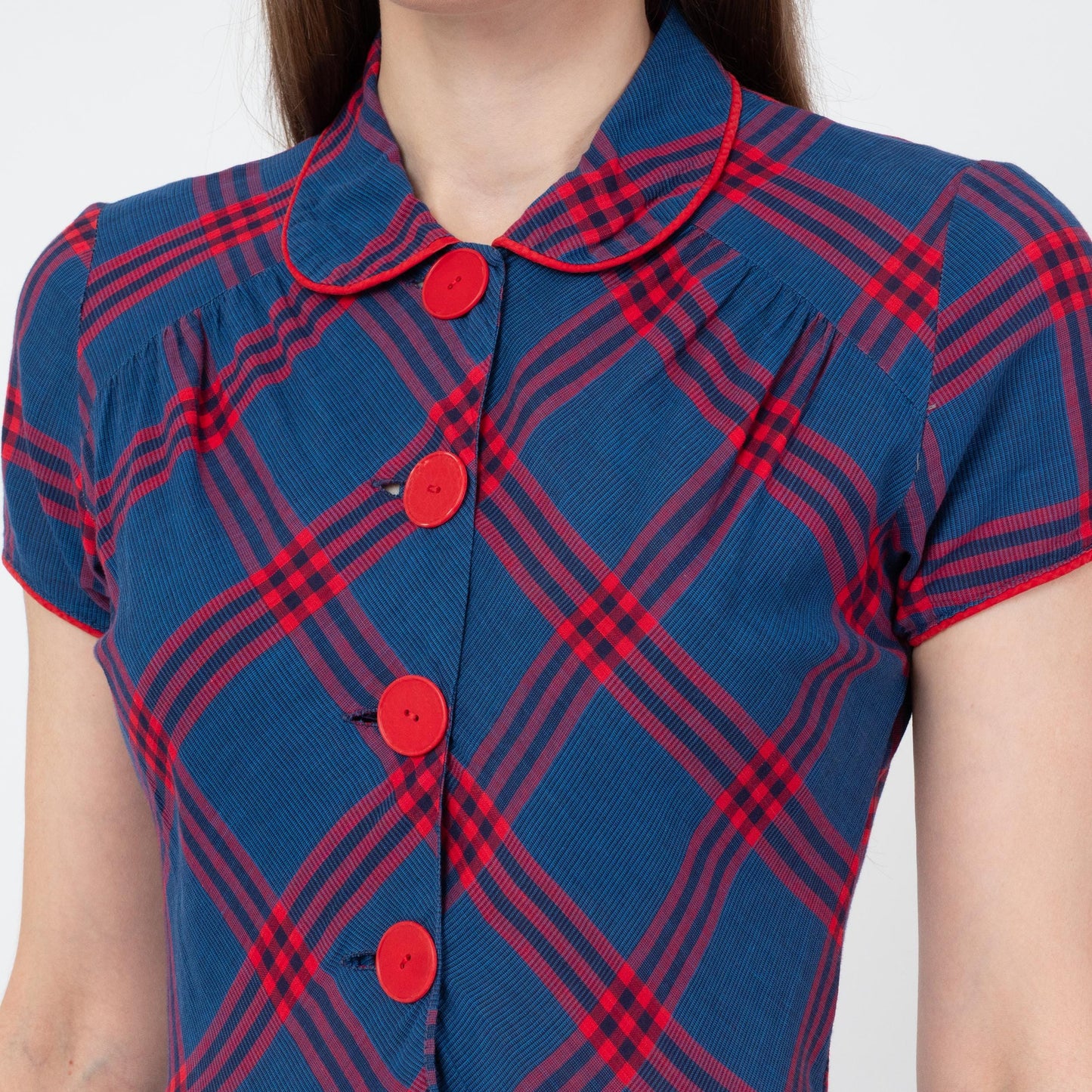 Vintage 40s 50s Blue & Red Plaid Shirtwaist Dress - Small | Retro Midi Fit Flare Day Dress