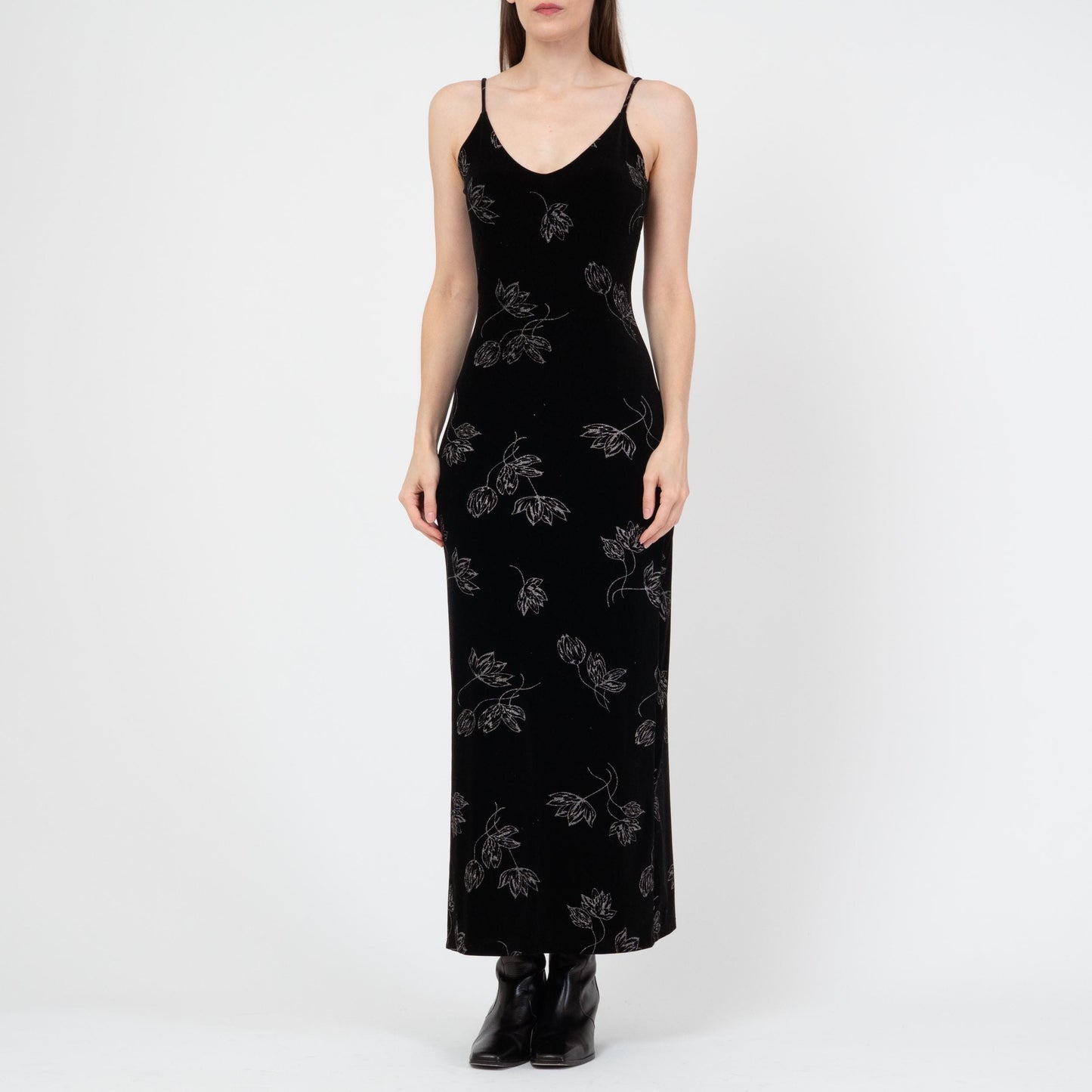 Vintage 90s Black Velvet Floral Maxi Dress - Small | Metallic Silver Sleeveless Grunge Party Dress
