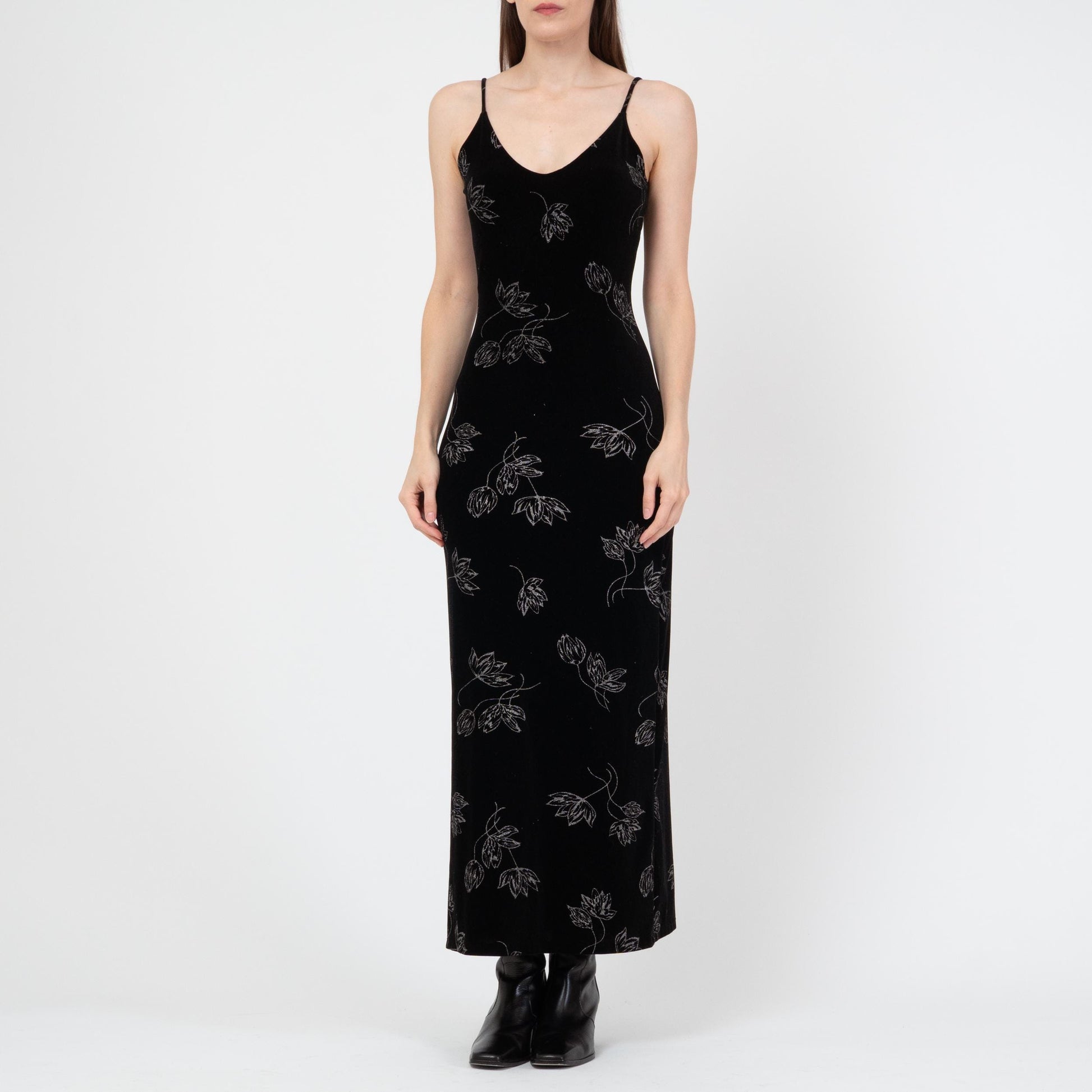 Vintage 90s Black Velvet Floral Maxi Dress - Small | Metallic Silver Sleeveless Grunge Party Dress