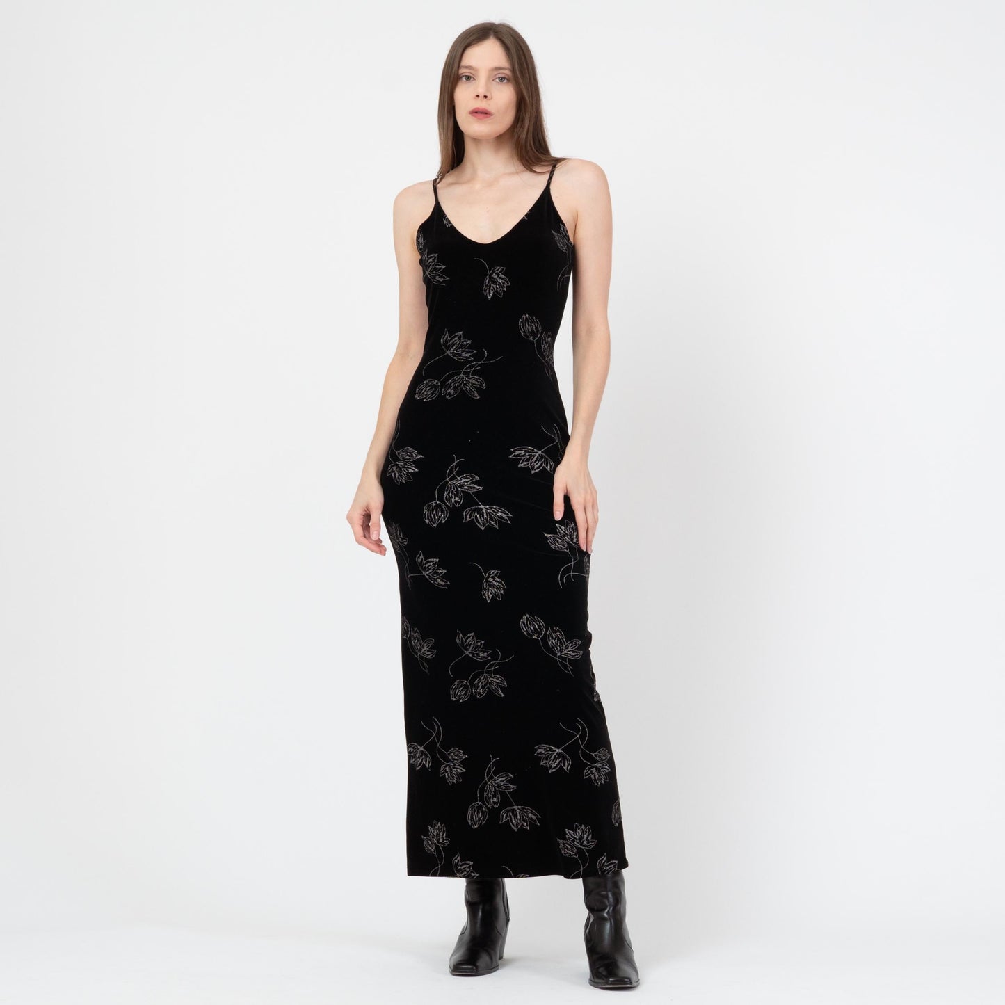 Vintage 90s Black Velvet Floral Maxi Dress - Small | Metallic Silver Sleeveless Grunge Party Dress