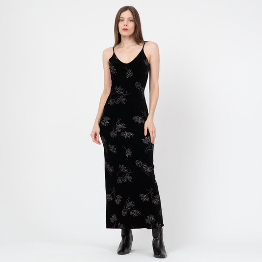 Vintage 90s Black Velvet Floral Maxi Dress - Small | Metallic Silver Sleeveless Grunge Party Dress