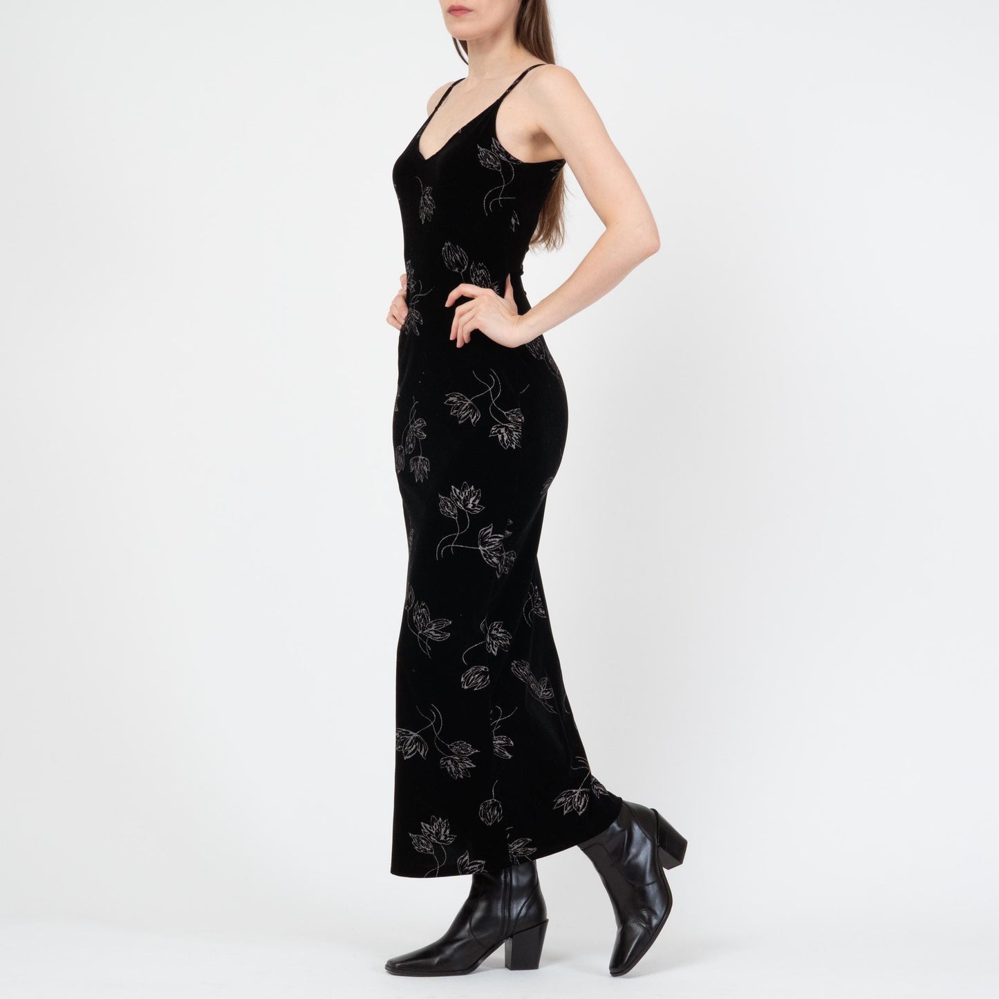 Vintage 90s Black Velvet Floral Maxi Dress - Small | Metallic Silver Sleeveless Grunge Party Dress