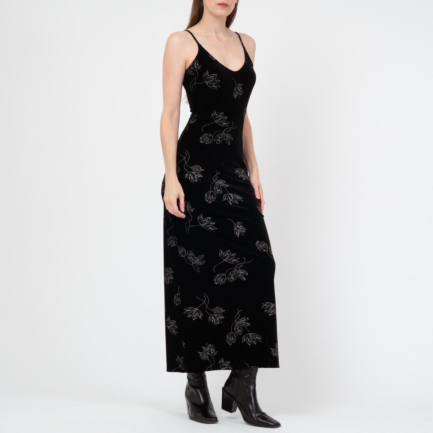 Vintage 90s Black Velvet Floral Maxi Dress - Small | Metallic Silver Sleeveless Grunge Party Dress