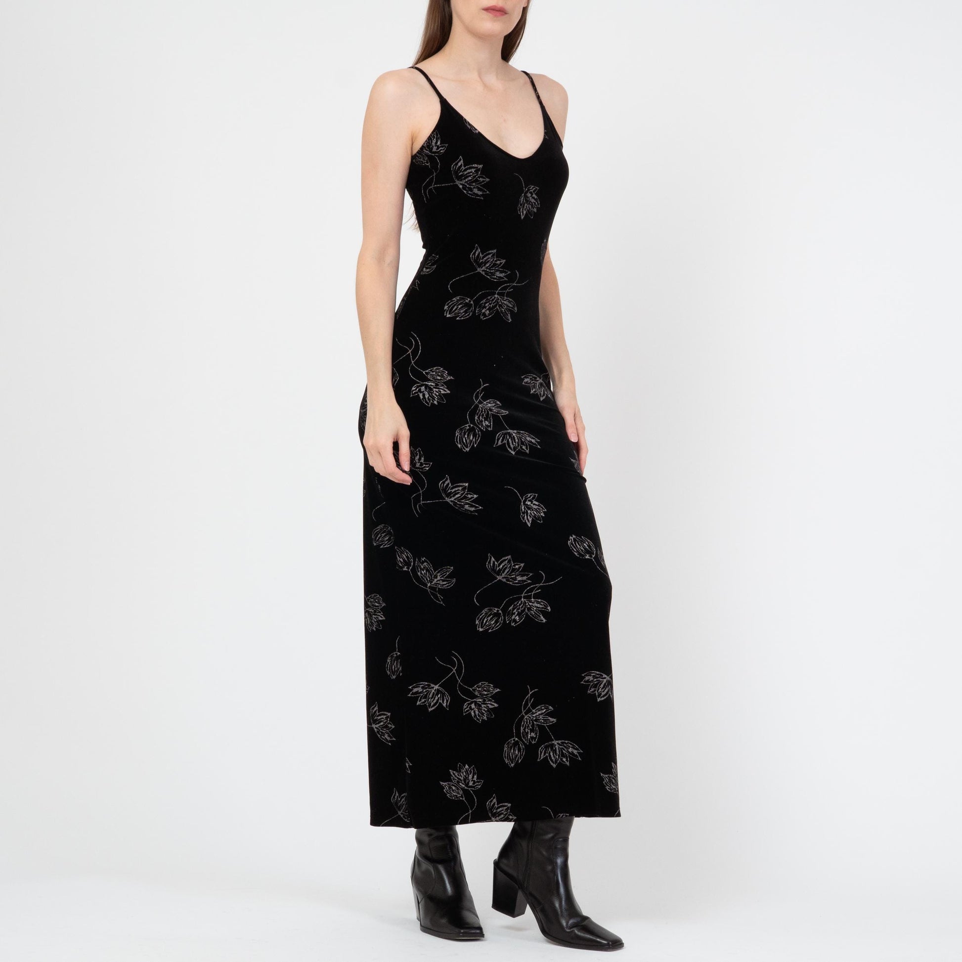 Vintage 90s Black Velvet Floral Maxi Dress - Small | Metallic Silver Sleeveless Grunge Party Dress