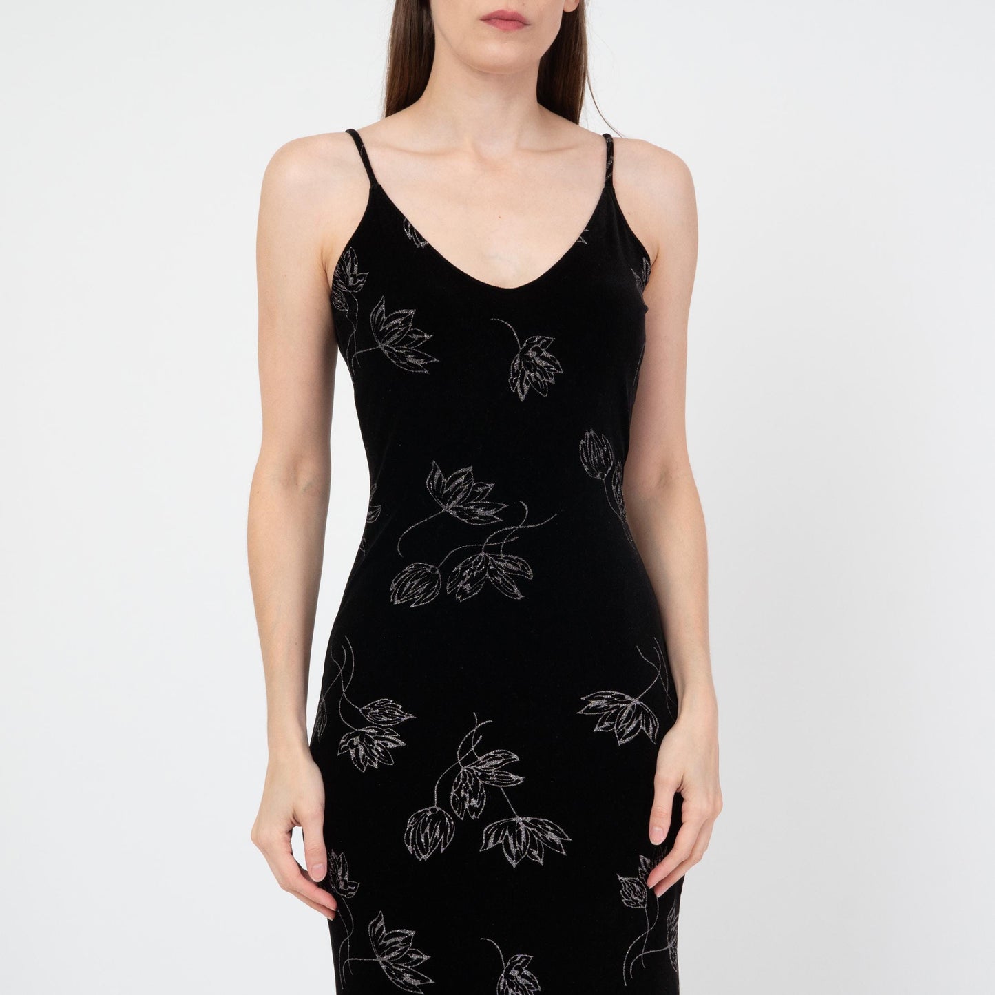 Vintage 90s Black Velvet Floral Maxi Dress - Small | Metallic Silver Sleeveless Grunge Party Dress