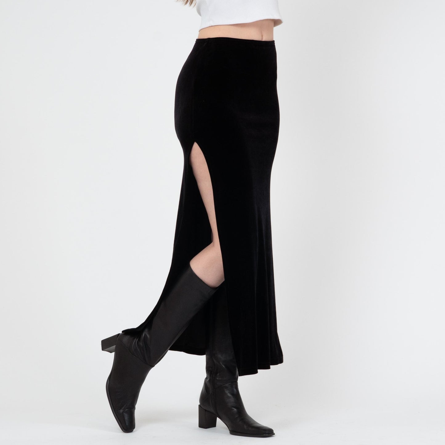 Vintage 90s Black Velvet High Slit Maxi Skirt - Small | Grunge High Waisted Long Slinky Skirt