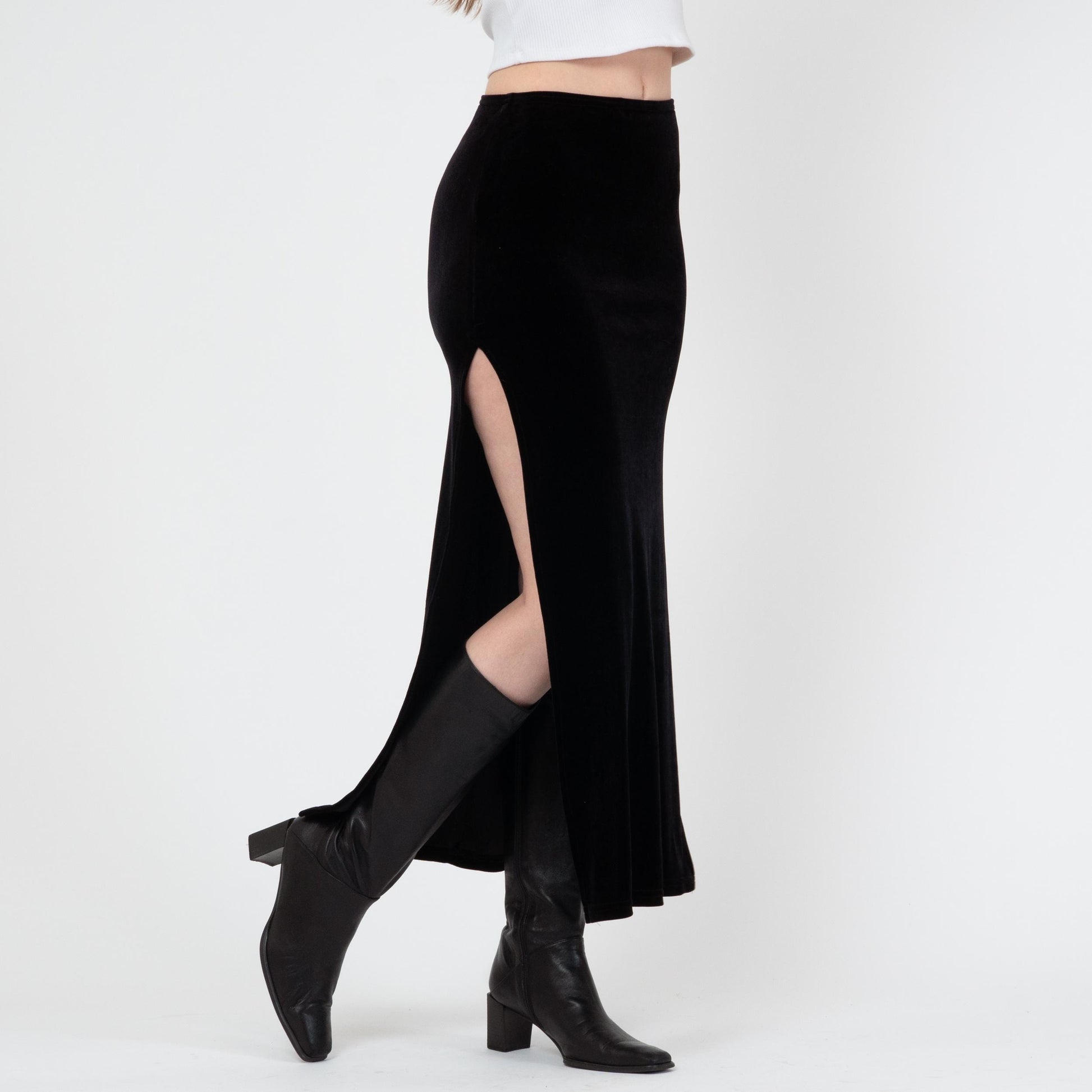 Vintage 90s Black Velvet High Slit Maxi Skirt - Small | Grunge High Waisted Long Slinky Skirt