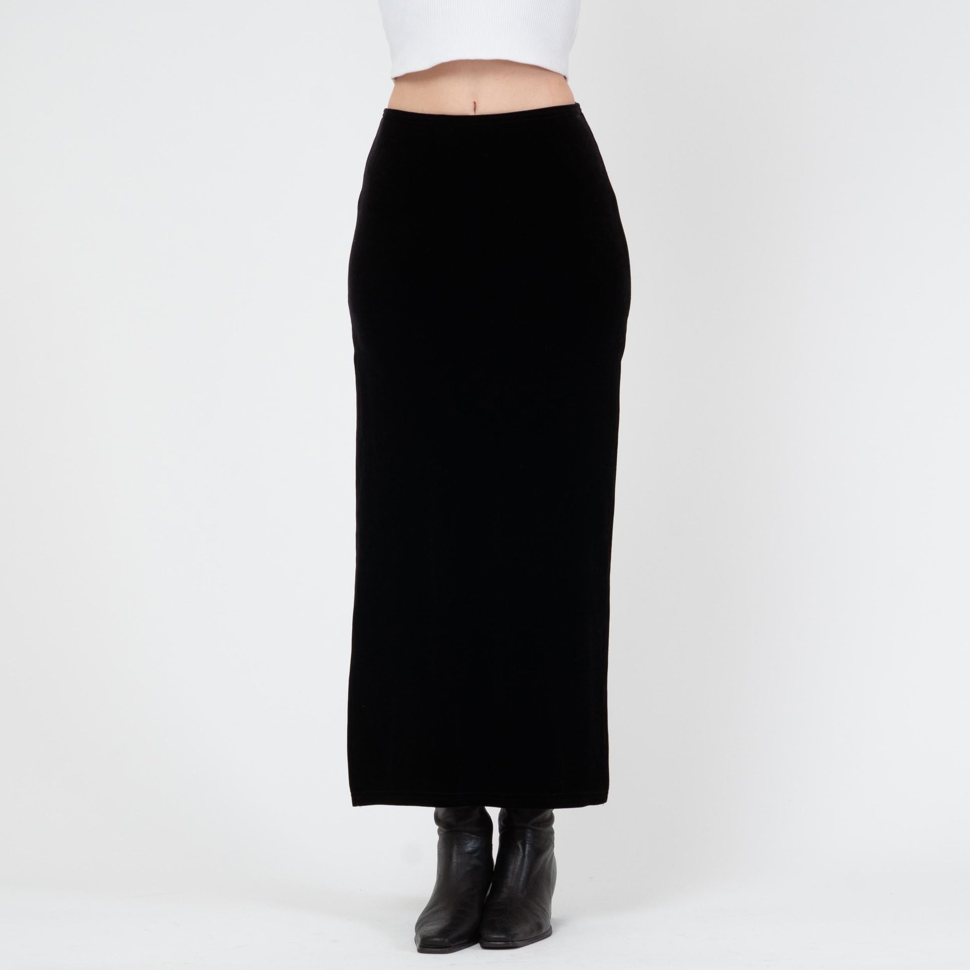 Vintage 90s Black Velvet High Slit Maxi Skirt - Small | Grunge High Waisted Long Slinky Skirt