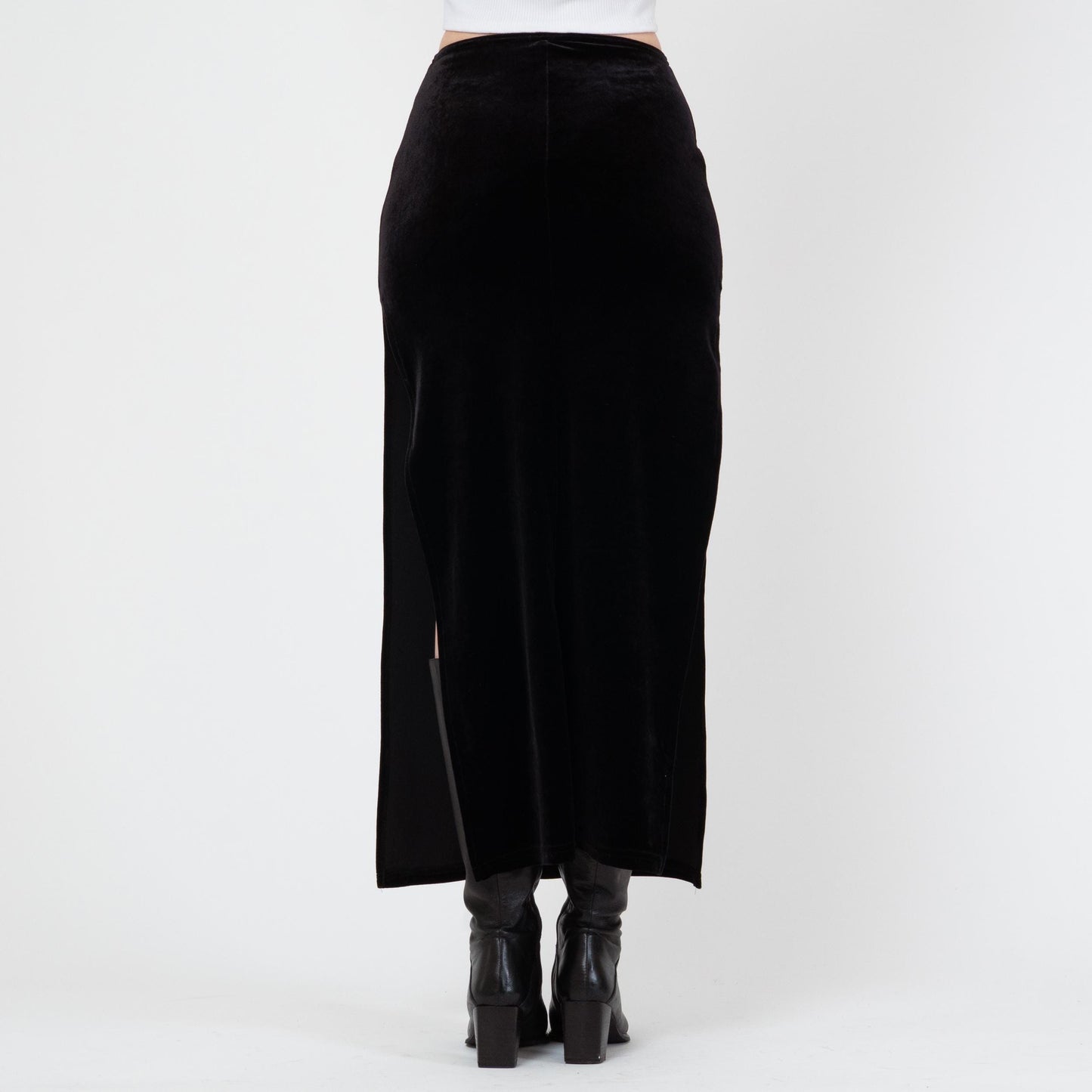 Vintage 90s Black Velvet High Slit Maxi Skirt - Small | Grunge High Waisted Long Slinky Skirt