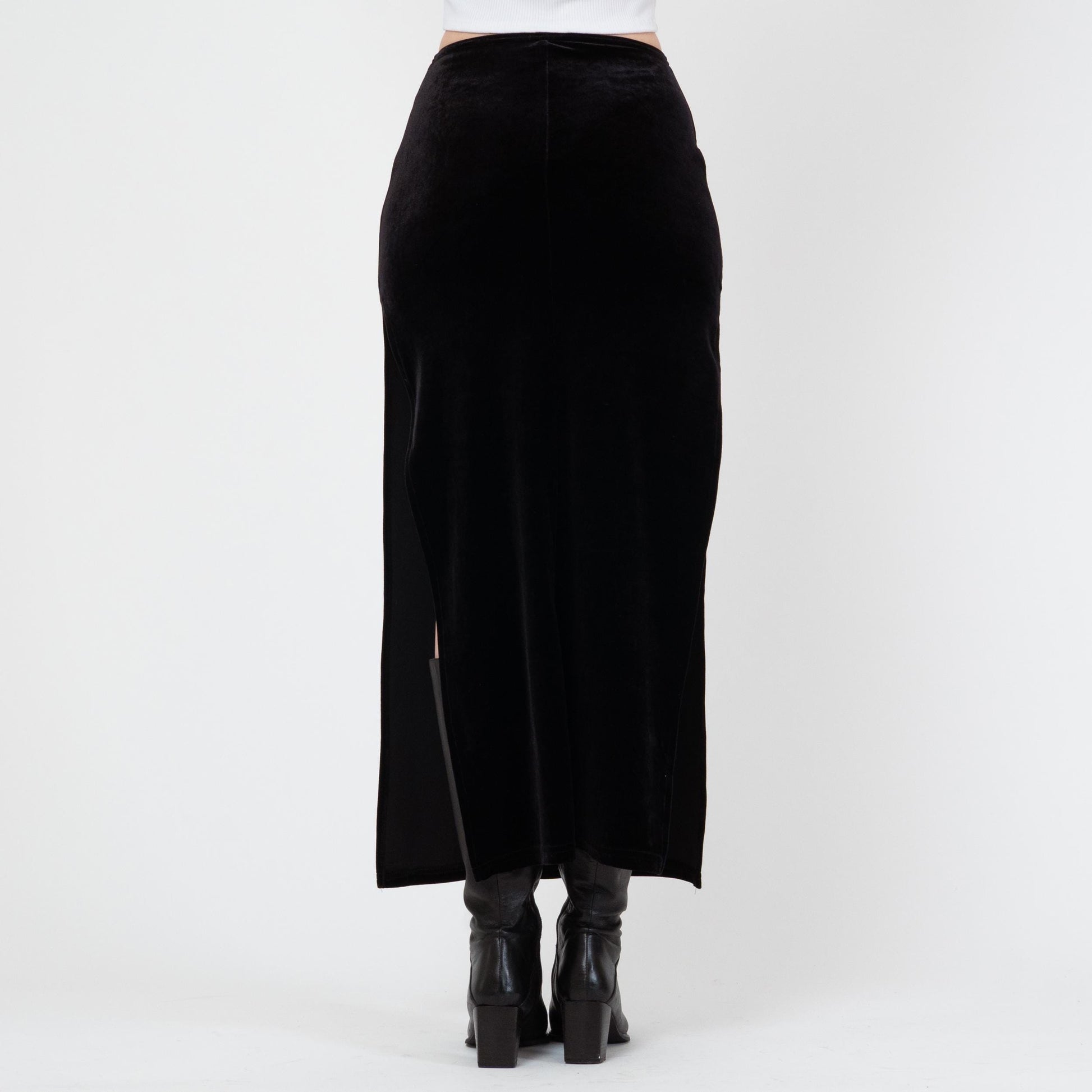 Vintage 90s Black Velvet High Slit Maxi Skirt - Small | Grunge High Waisted Long Slinky Skirt