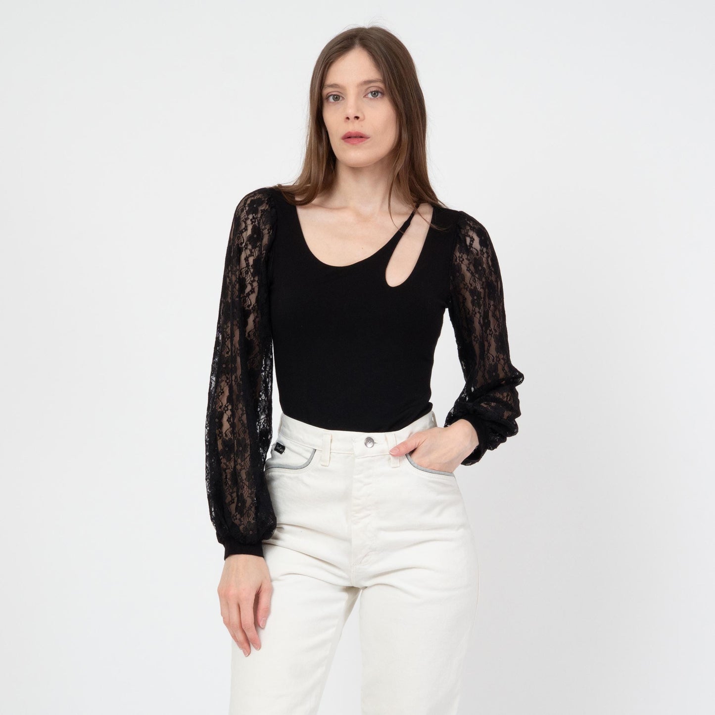 Vintage Y2K Black Lace Sleeve Keyhole Top - Small | Whimsigoth Sheer Balloon Sleeve Blouse