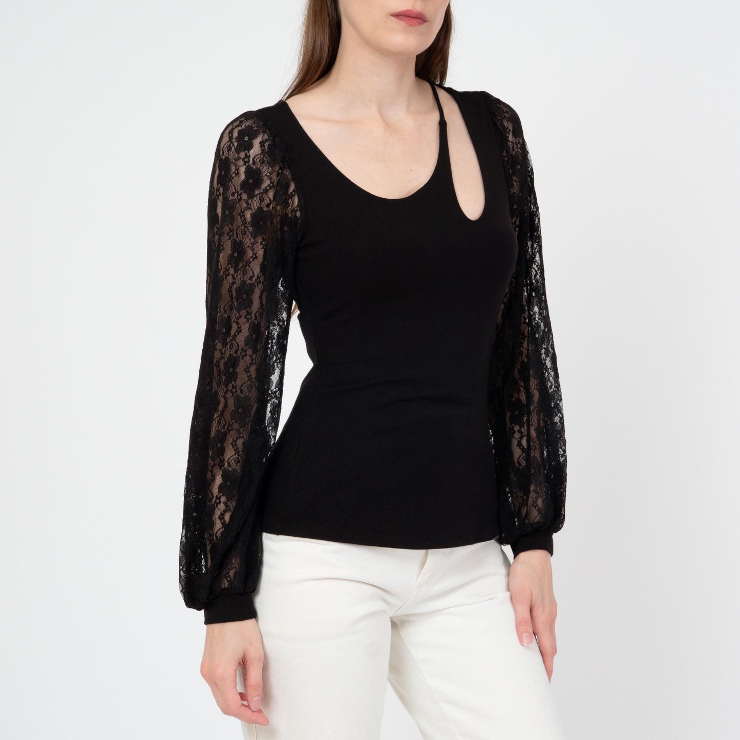 Vintage Y2K Black Lace Sleeve Keyhole Top - Small | Whimsigoth Sheer Balloon Sleeve Blouse