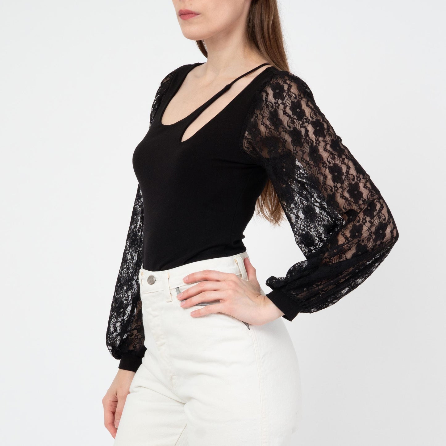Vintage Y2K Black Lace Sleeve Keyhole Top - Small | Whimsigoth Sheer Balloon Sleeve Blouse
