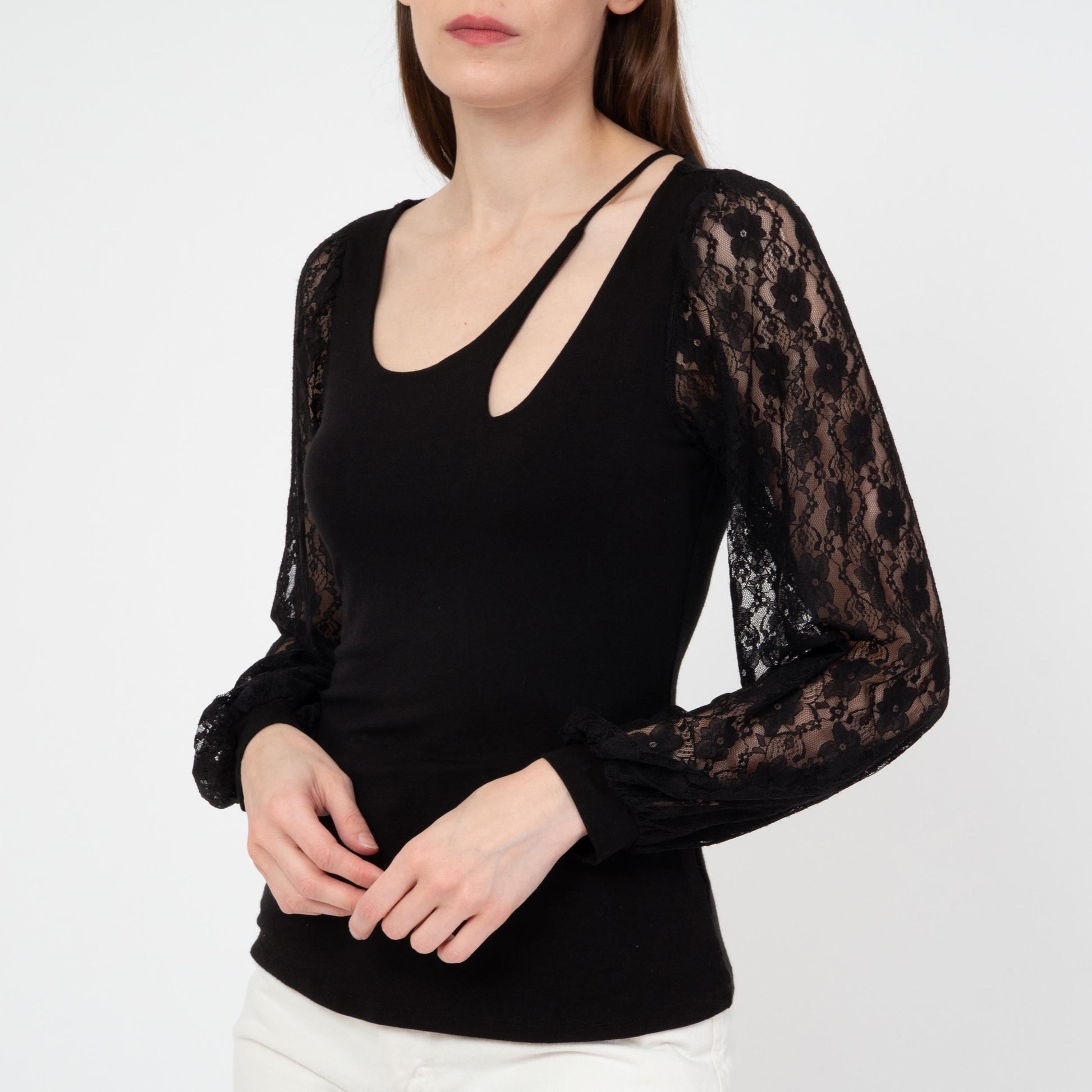 Vintage Y2K Black Lace Sleeve Keyhole Top - Small | Whimsigoth Sheer Balloon Sleeve Blouse