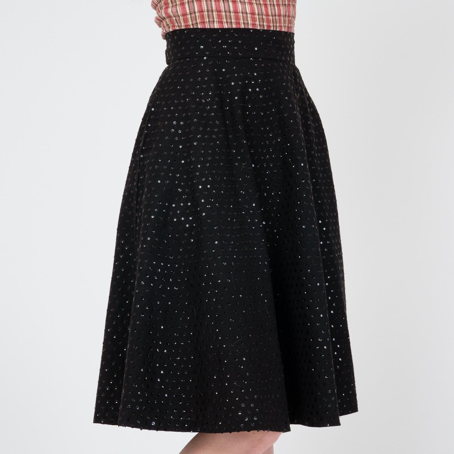 Vintage 50s Mexican Black Sequin Midi Skirt - Extra Small, 24" Waist | 1950s Teresa Taxco High Waisted Wrap Swing Skirt