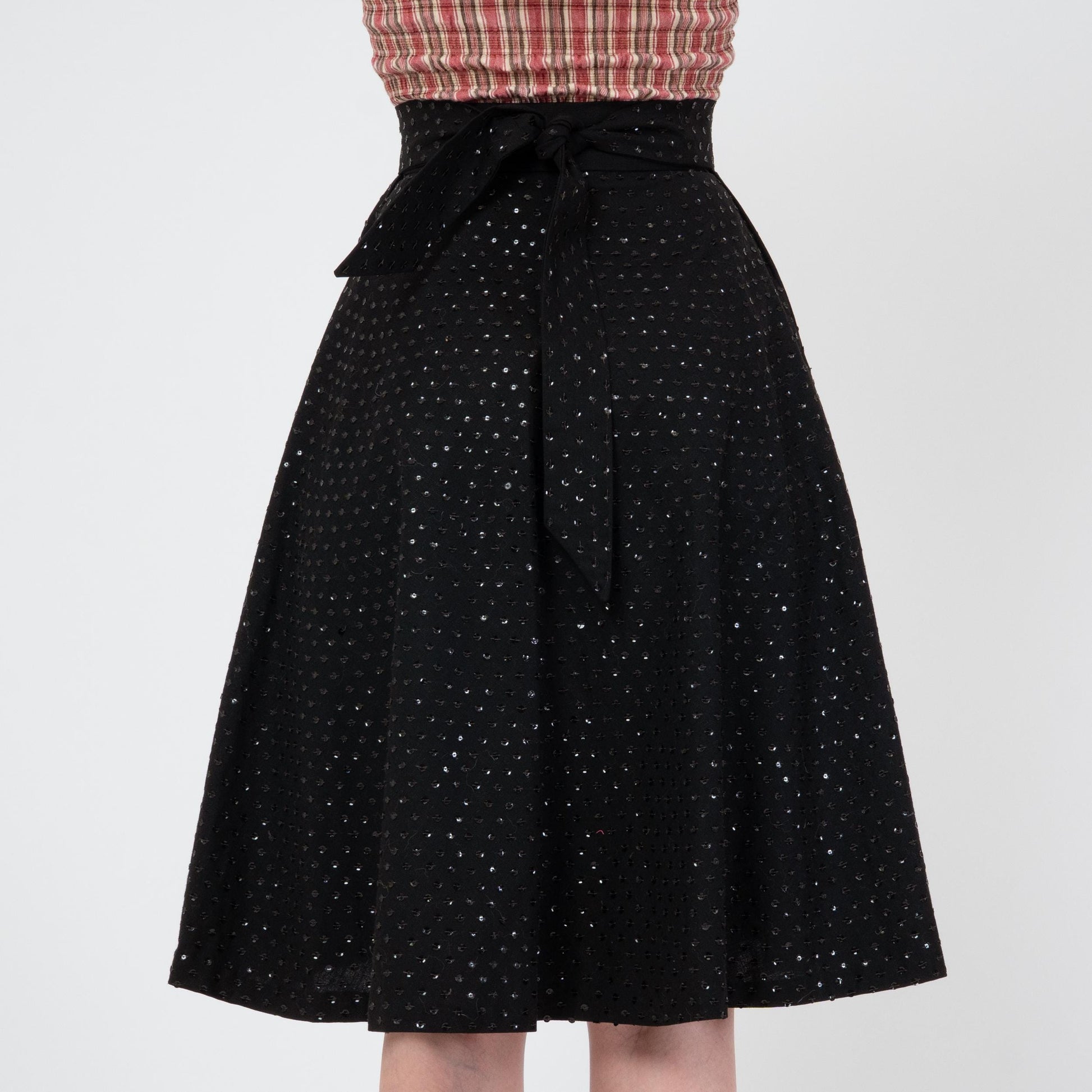 Vintage 50s Mexican Black Sequin Midi Skirt - Extra Small, 24" Waist | 1950s Teresa Taxco High Waisted Wrap Swing Skirt