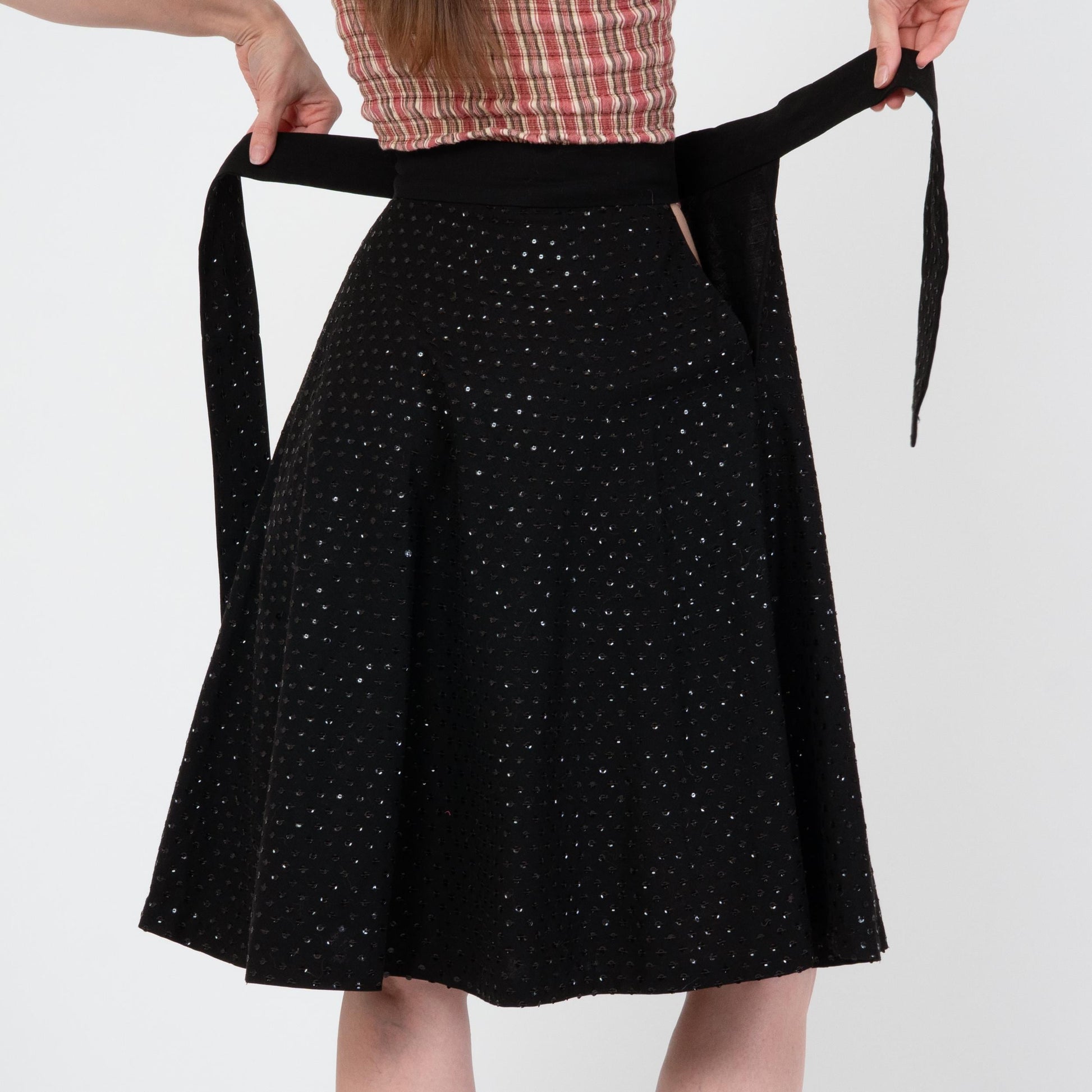Vintage 50s Mexican Black Sequin Midi Skirt - Extra Small, 24" Waist | 1950s Teresa Taxco High Waisted Wrap Swing Skirt