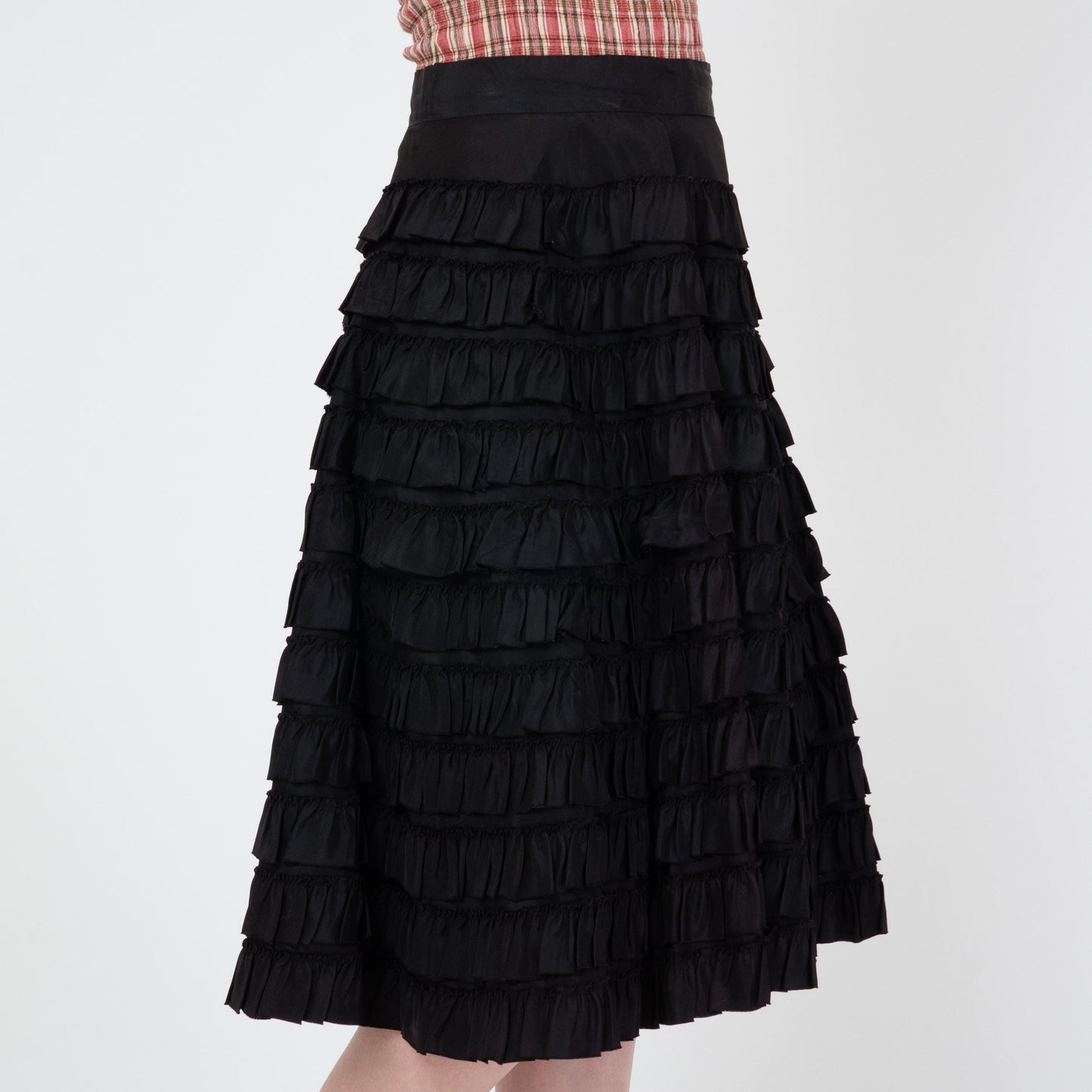 Vintage 50s Tiered Black Taffeta Ruffle Skirt - Extra Small, 25" Waist | 1950s High Waisted Midi Tutu Cupcake Skirt