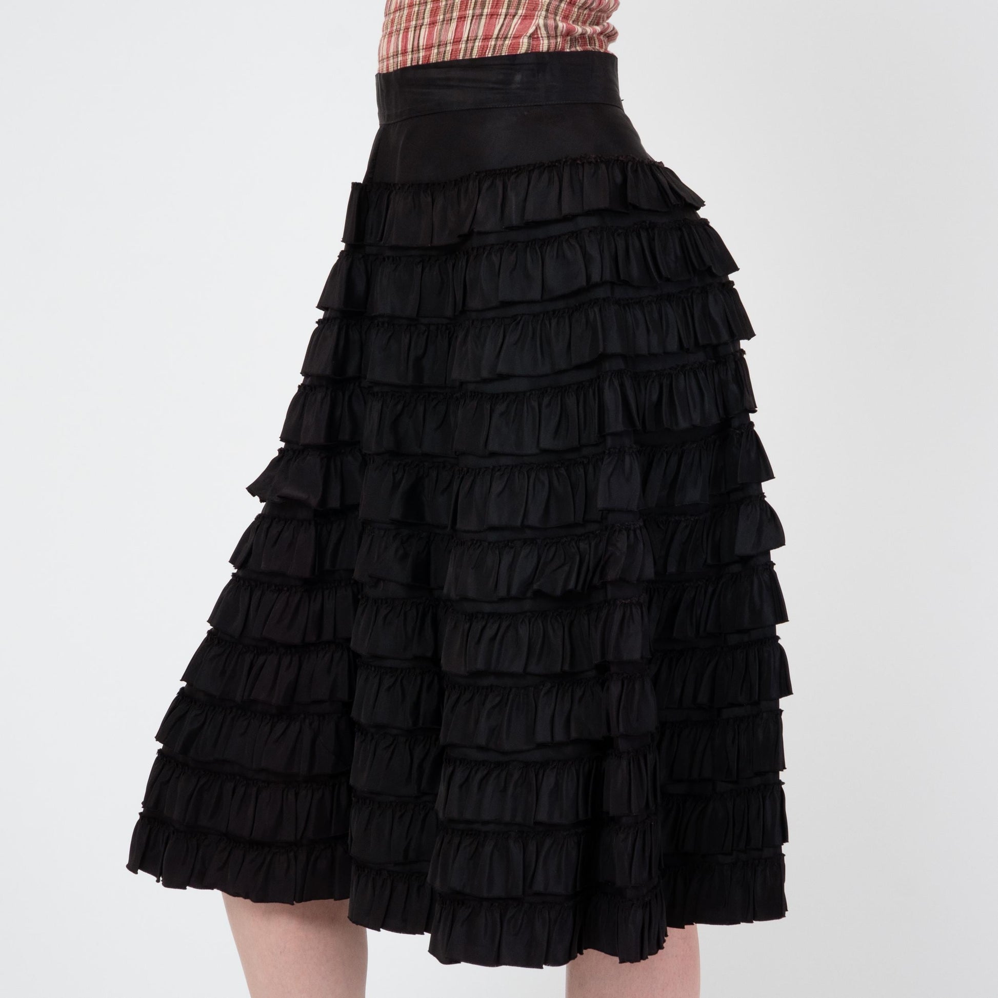 Vintage 50s Tiered Black Taffeta Ruffle Skirt - Extra Small, 25" Waist | 1950s High Waisted Midi Tutu Cupcake Skirt