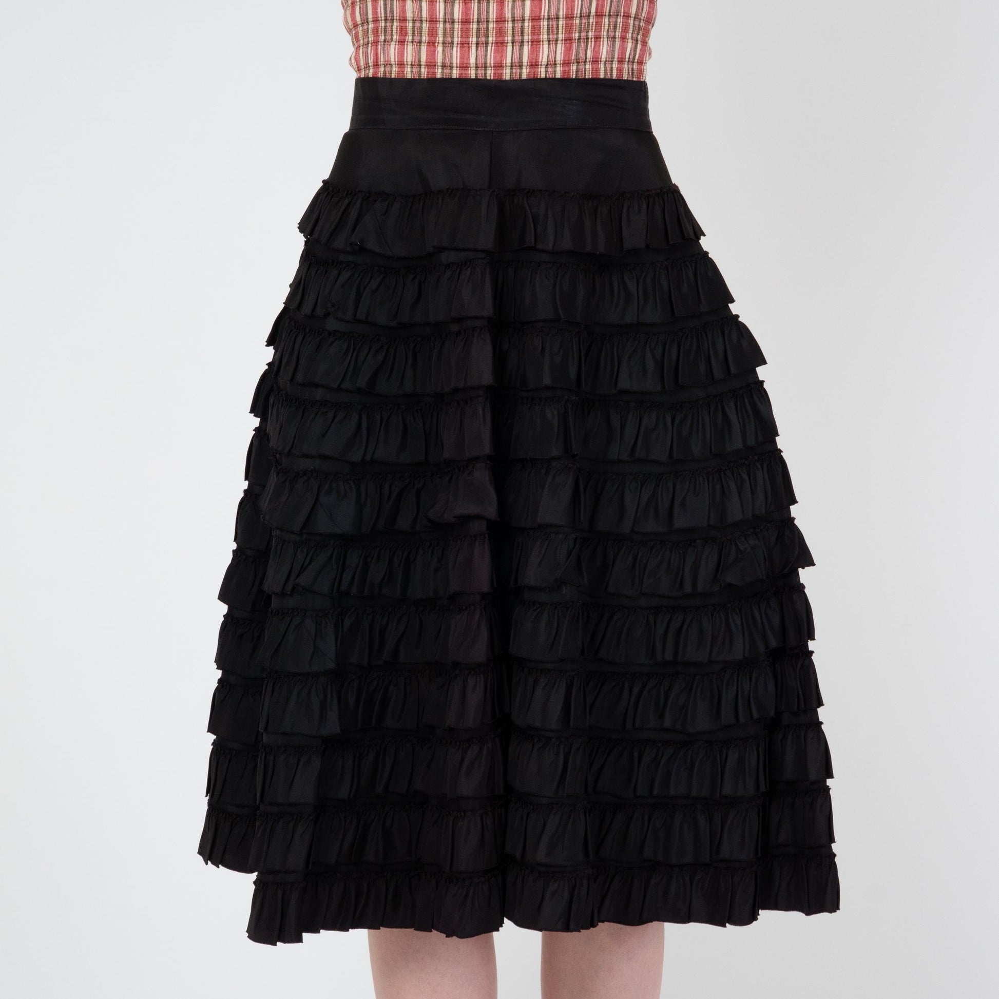 Vintage 50s Tiered Black Taffeta Ruffle Skirt - Extra Small, 25" Waist | 1950s High Waisted Midi Tutu Cupcake Skirt