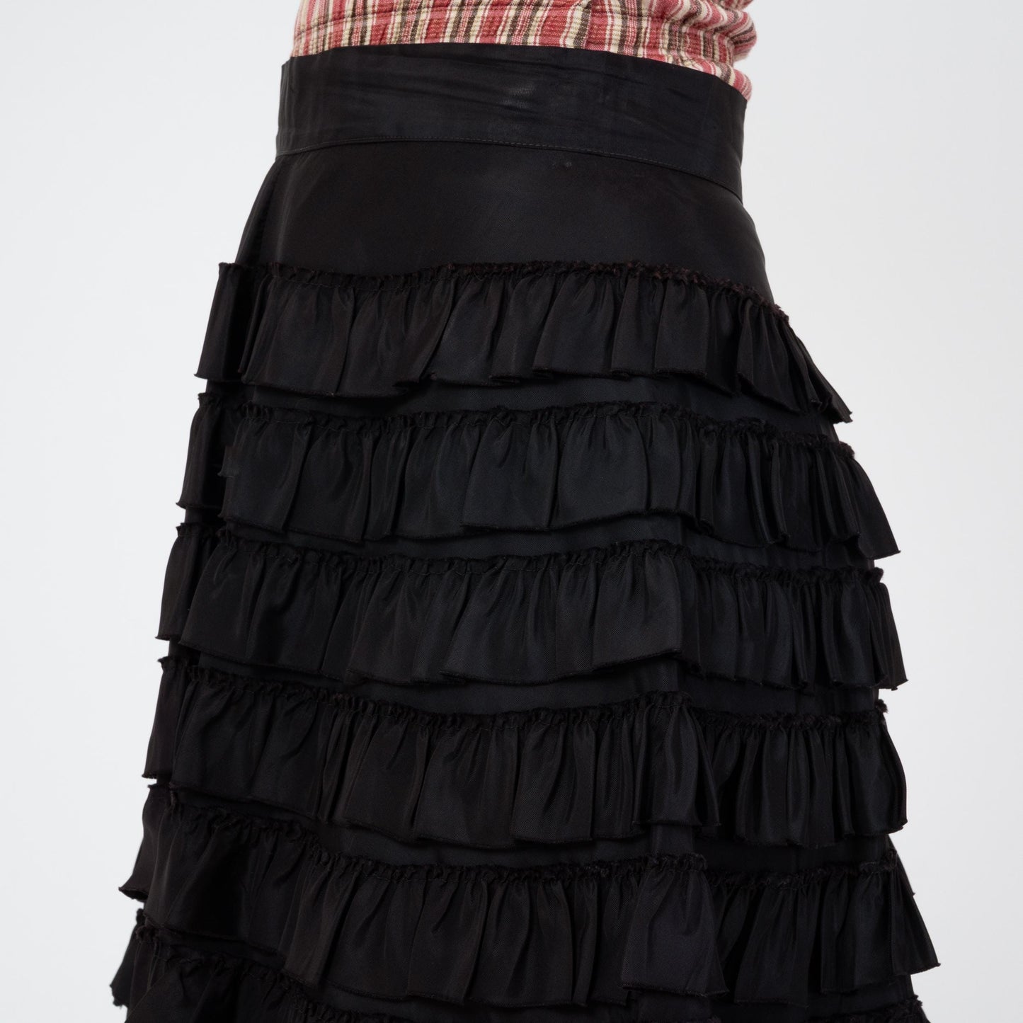 Vintage 50s Tiered Black Taffeta Ruffle Skirt - Extra Small, 25" Waist | 1950s High Waisted Midi Tutu Cupcake Skirt