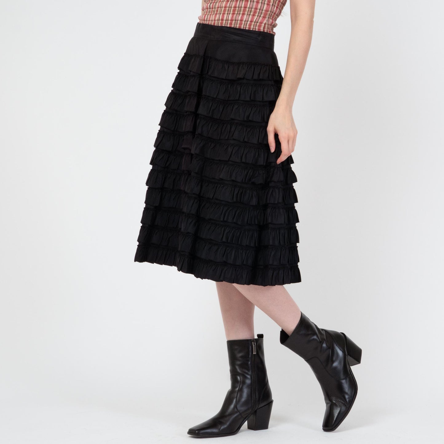 Vintage 50s Tiered Black Taffeta Ruffle Skirt - Extra Small, 25" Waist | 1950s High Waisted Midi Tutu Cupcake Skirt