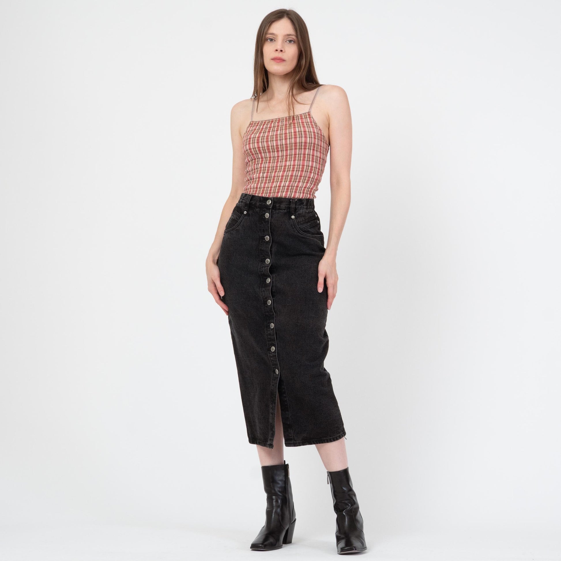 Vintage 80s Black Denim Midi Skirt - Small, 26" Waist | High Waisted Button Front Jean Pencil Skirt