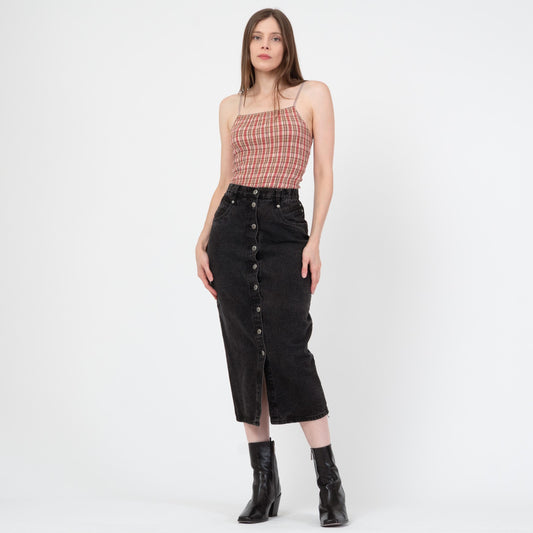 Vintage 80s Black Denim Midi Skirt - Small, 26" Waist | High Waisted Button Front Jean Pencil Skirt