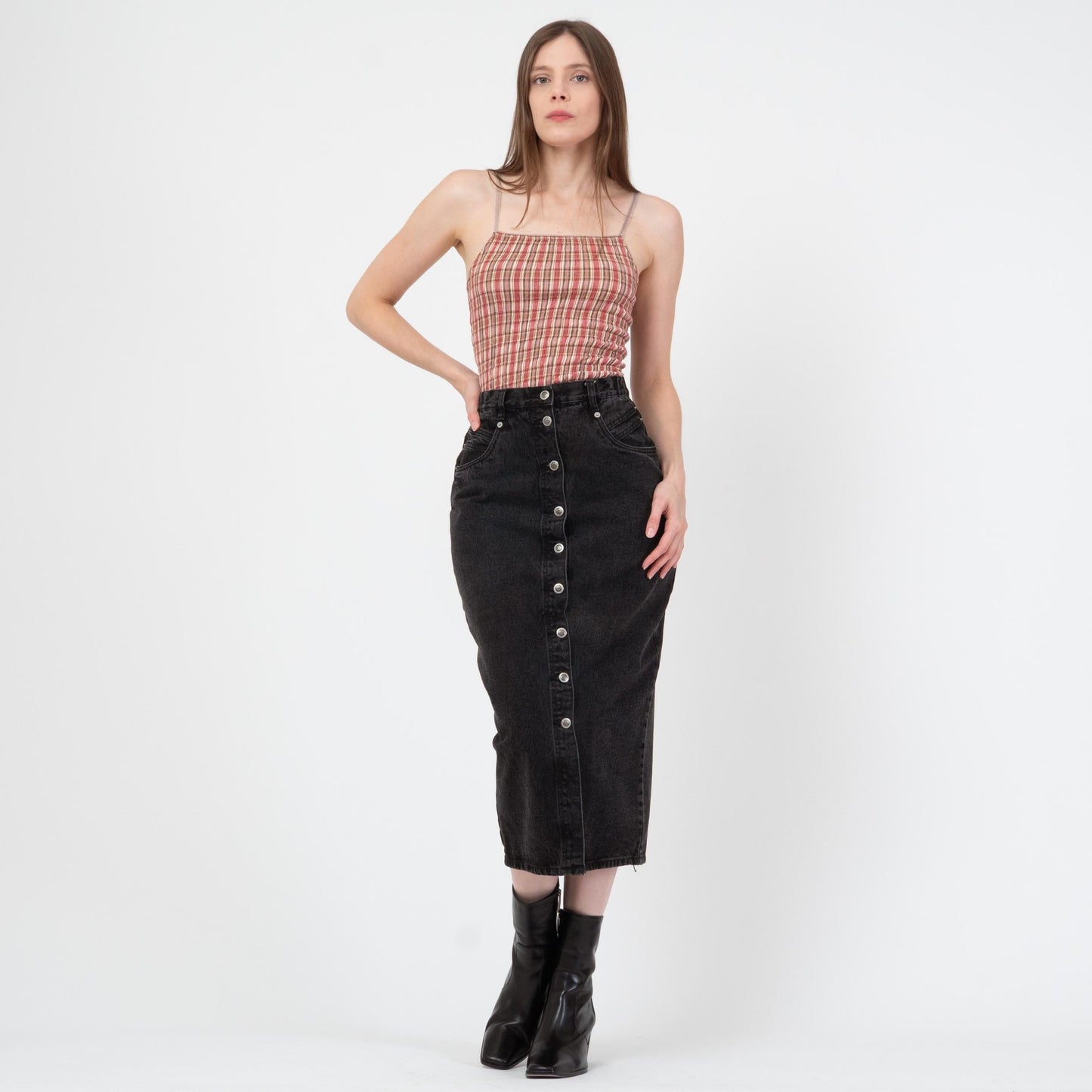 Vintage 80s Black Denim Midi Skirt - Small, 26" Waist | High Waisted Button Front Jean Pencil Skirt